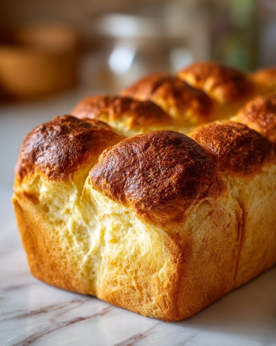 The image shows a close-up of a freshly baked bread loaf with a golden brown, slightly crispy crust on top. The bread is made of several rounded sections joined together, each with a darker toasted top and lighter, soft sides. The texture looks fluffy and airy inside, with some parts gently risen above the rest. The loaf sits directly on a white marbled surface, and the background is softly blurred with warm tones, giving a cozy feel. Photo taken with an iphone --ar 4:5 --v 7