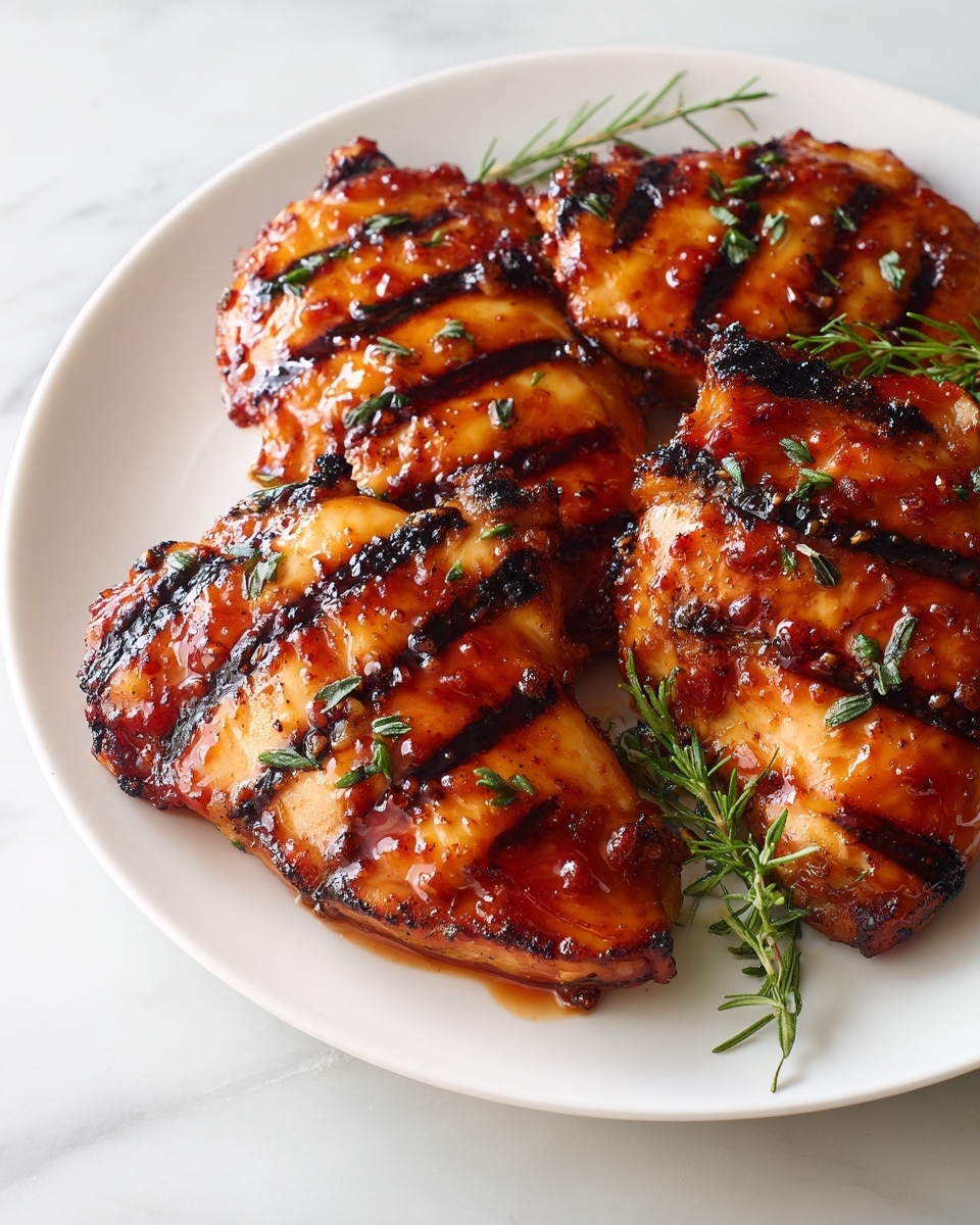 A white plate holds three large pieces of grilled chicken, each covered in a shiny, reddish-brown sauce with dark charred spots. The chicken pieces vary in shape, showing some smooth and rounded areas and others more textured with crispy edges. The sauce glistens on the surface, highlighting the mix of golden brown, deep orange, and blackened grill marks. The plate sits on a white marbled surface with soft, natural light enhancing the glossy, slightly sticky sauce on the chicken photo taken with an iphone --ar 4:5 --v 7