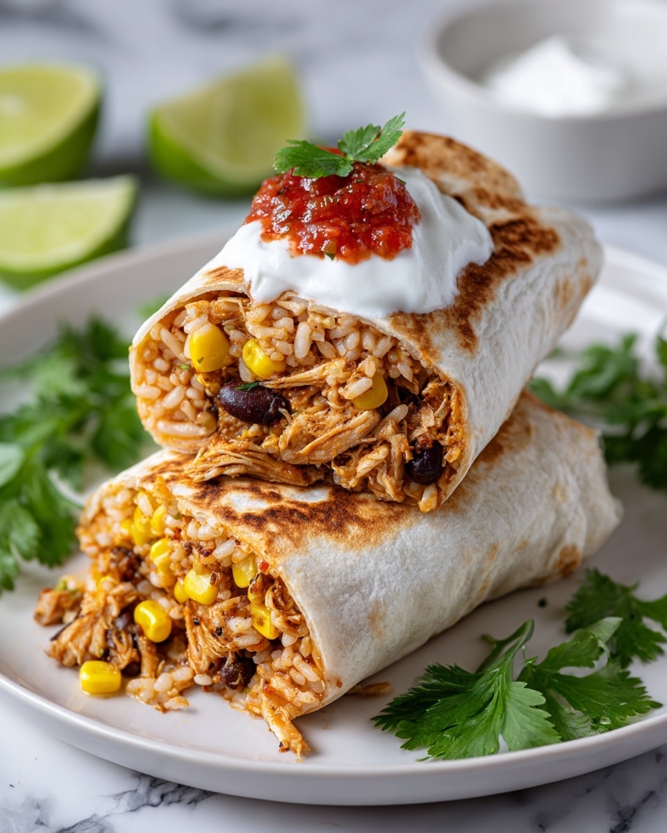 A white plate holds a burrito cut in half, showing three main layers inside: soft light brown tortilla, shredded light brown chicken mixed with yellow corn and reddish-brown beans, and a layer of red chunky salsa on top flowing down. A dollop of white sour cream sits on one half, with bright green cilantro leaves around the burrito on the plate. The plate sits on another white plate against a white marbled surface. In the background, blurred fresh green herbs, a white bowl, and a small white bowl filled with more salsa add context. Photo taken with an iphone --ar 4:5 --v 7