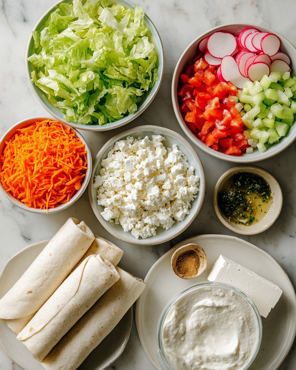 The image shows several small white bowls and a white plate arranged neatly on a white marbled surface. The bowls contain fresh chopped green lettuce, shredded bright orange carrots, small white crumbled cheese, diced red tomatoes, thinly sliced pink radishes, sliced light green celery, and a thick white creamy sauce. A small dish with light brown seasoning and another small dish with green seasoning or oil are also visible. Two rolled beige wraps are placed next to the white plate holding a block of white cheese or tofu. A woman's hand is partly visible at the side. Photo taken with an iphone --ar 4:5 --v 7