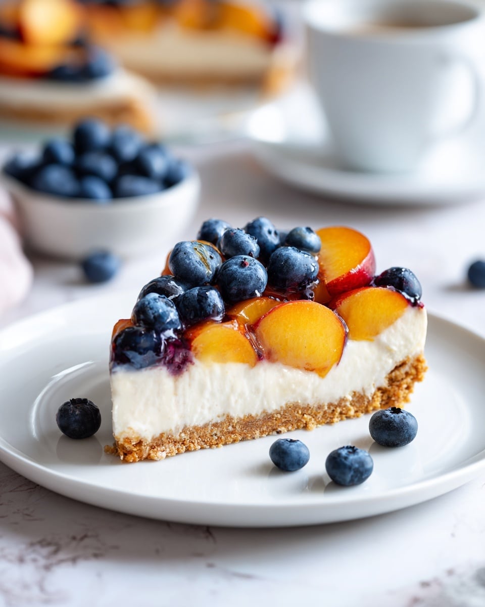A close-up image shows a slice of fruit pizza placed on a simple white plate; the pizza has a thin golden crust as the bottom layer, topped with a smooth white creamy layer embedding whole blueberries and peach slices that shine with juicy texture. The berries and fruit pieces are spaced evenly across the creamy surface, creating a mix of purple-blue and warm orange colors that contrast nicely with the light cream and crust. The background is a white marbled surface with additional blueberries scattered nearby, and a white cup partially visible in the top corner. A woman's hand gently holds the edge of a second slice on a white plate in the background, adding a casual touch to the scene. photo taken with an iphone --ar 4:5 --v 7