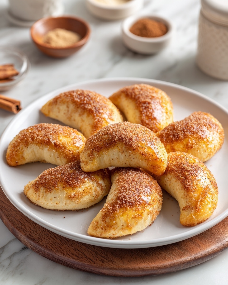A white plate holds nine small crescent-shaped pastries arranged casually across its surface. Each pastry has a golden-brown color with a slightly rough texture, sprinkled generously with brown sugar and cinnamon, which adds a grainy, sparkling layer on top. The pastries show visible layers of dough spiraled tightly, giving a flaky and soft look. The plate sits on a white marbled surface with a wooden cutting board nearby, adding a warm tone to the scene. Photo taken with an iphone --ar 4:5 --v 7