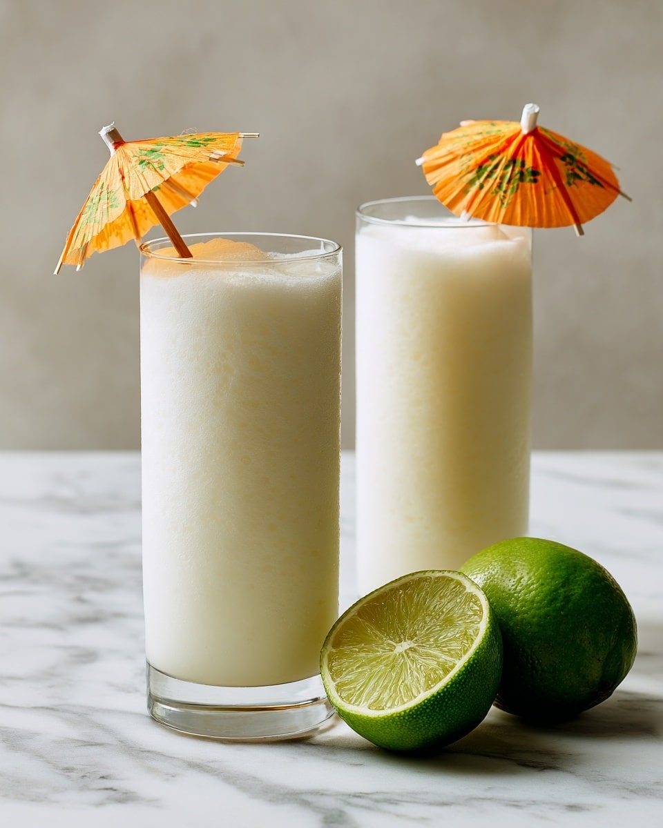 Two tall clear glasses filled with a white, frothy drink that has a smooth, creamy texture on top. Each glass is decorated with a small paper umbrella with orange and white stripes, positioned near the upper edge. In the background, a halved lime with a bright green color sits on a white marbled surface, adding a fresh and vibrant touch. The scene is bright and clean, showcasing the drinks and the lime closely from above. Photo taken with an iphone --ar 4:5 --v 7