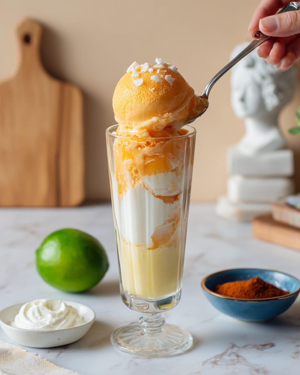The image shows a tall, clear glass with two large scoops of vibrant orange ice cream stacked on top. Inside the glass, there is a smooth light orange layer of creamy texture. On top of the ice cream scoops, there are small white flakes sprinkled, possibly coconut. The glass is placed on a white marbled surface. To the left of the glass, there is a whole lime and a small white bowl filled with a pale cream sauce. On the right side, there is a white container with more orange ice cream visible inside and a small dark blue bowl filled with red spice powder. In the background, there is a wooden board and a white statue with soft lighting. The woman’s hand is not visible in the frame. Photo taken with an iphone --ar 4:5 --v 7