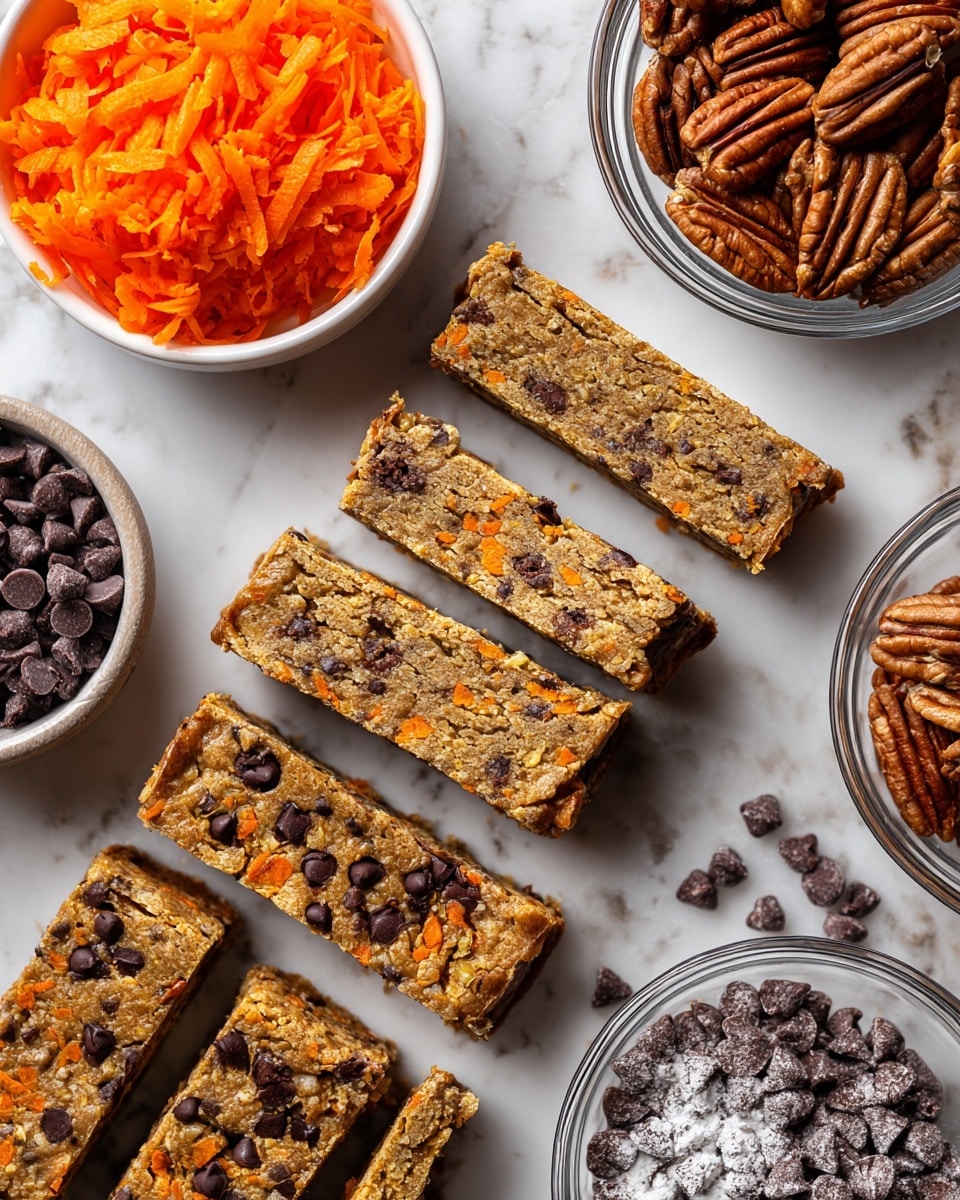 The image shows eight rectangular chocolate chip bars with a golden-brown texture and dark brown chocolate chips embedded on top, arranged on a white marbled surface. To the top left, there is a small clear glass bowl filled with whole pecan nuts that have a warm brown color and a rough texture. Below it, another small clear glass bowl holds many dark brown chocolate chips, some with a light dusting. To the bottom right, a white bowl contains bright orange shredded carrot with a fresh, fibrous texture. Scattered dark brown chocolate chips are spread around the bars and bowls. photo taken with an iphone --ar 4:5 --v 7
