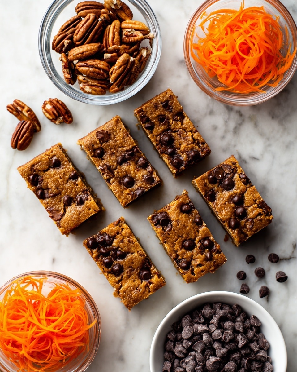 A white surface with many square mini cakes scattered across it, each mini cake showing a golden-brown color with embedded dark brown chocolate chips on top and inside. Some mini cakes are whole, while others are sliced open to reveal a moist, textured inside with visible bits of carrot and chocolate chips. On the top left, a small white bowl filled with bright orange shredded carrot is placed, and on the top right, a clear glass bowl filled with shiny brown pecan halves sits nearby. Around the mini cakes, loose chocolate chips and pecans are spread on the white marbled texture. Photo taken with an iphone --ar 4:5 --v 7