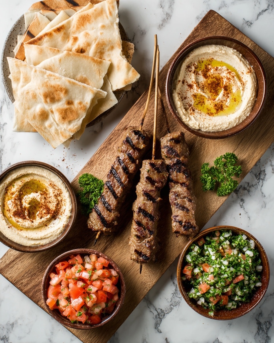 A wooden board holds a colorful meal with several layers, all placed on a white marbled surface. At the top left, there are multiple folded pieces of flatbread, light beige with grill marks. Below the flatbread, two small bowls filled with creamy hummus, light beige with olive oil and sprinkled with a pinch of paprika on top. In the center, three skewers with dark brown grilled meat cubes, some pieces showing char marks. To the right of the meat, a small bowl filled with finely chopped tomato salad, predominantly red with bits of green herbs. Below that, a pile of small, bright red diced tomatoes. On the bottom left, there is a heap of tabbouleh salad, vibrant green with small white and red bits from onions and tomatoes mixed in. photo taken with an iphone --ar 4:5 --v 7