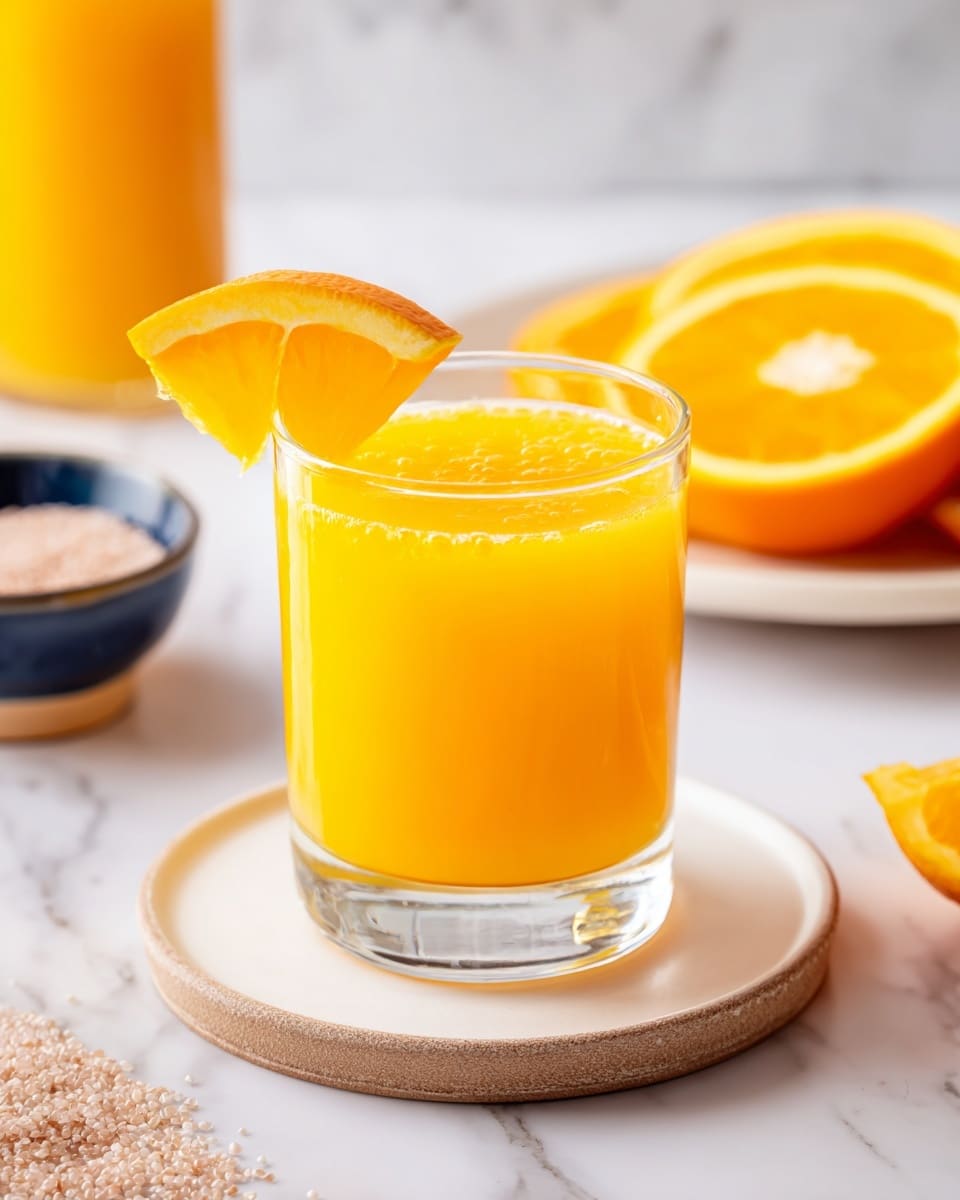 A clear glass filled with bright yellow orange juice sits on a round white coaster, with a thin orange slice placed on the rim of the glass as garnish. Behind it, a white plate holds several thick orange slices, showing bright orange flesh with white rinds. Part of a blue-striped cloth is visible near the plate, all set on a white marbled surface. To the right, the blurred shape of a glass container filled with orange juice adds to the warm and fresh feel of the image. photo taken with an iphone --ar 4:5 --v 7