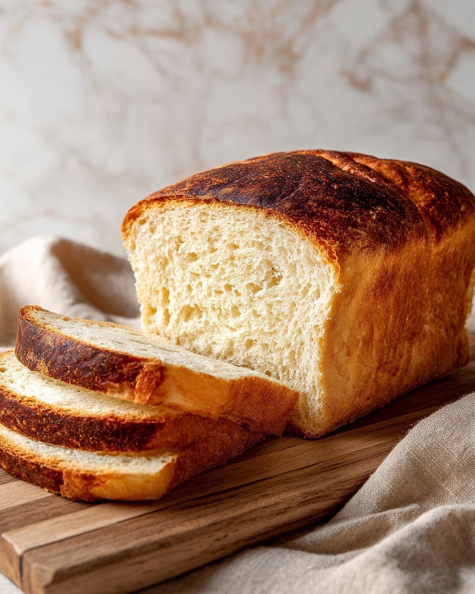 A thick loaf of golden brown bread with a rough, crispy crust sits on a wooden board. Two large slices have been cut and lay leaning against the loaf, showing a soft, light yellow inside with a moist and slightly crumbly texture. The background features a soft, beige linen cloth on a white marbled surface, adding a cozy and warm feel to the scene. The lighting highlights the bread’s perfect crust and crumb details, making it look fresh and inviting. photo taken with an iphone --ar 4:5 --v 7