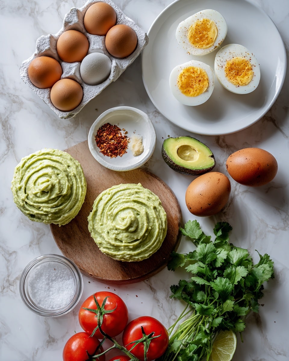 The image shows ingredients laid out on a white marbled surface arranged neatly: two swirled mounds of mashed avocado with light green texture on a round wooden board with a whole dark green avocado beside it; a white carton holding six brown eggs; a white plate with three halves of boiled eggs sprinkled with pepper; one avocado cut in half showing the pale yellow-green inside, placed near a small white bowl holding coarse salt; a small white bowl with chili flakes; three whole red tomatoes and a cluster of vine tomatoes showing smooth bright red skins; a few sprigs of fresh cilantro; a small glass jar with light yellow creamy sauce; a halved lime in a glass bowl. Photo taken with an iphone --ar 4:5 --v 7