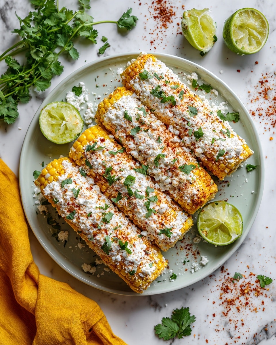 The image shows four ears of corn on a white plate with a greenish tint placed on a white marbled surface. Each ear is coated in a crumbly white cheese layer, sprinkled with a red powder, likely chili powder, and topped with small green cilantro leaves. The corn kernels underneath are yellow and slightly charred in some spots. Around the plate are lime wedges and scattered cilantro leaves. In the top right, there is a crumpled yellow cloth adding color to the scene. The lighting is natural and bright, highlighting the textures well. Photo taken with an iphone --ar 4:5 --v 7