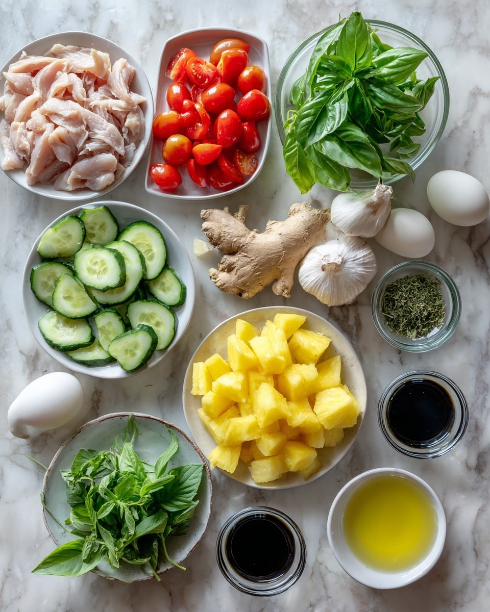 The image shows a neat arrangement of fresh ingredients placed on a white marbled surface. Starting at the top left, there's a white bowl filled with raw, sliced chicken pieces, light pink in color with a soft texture. Below it, another white bowl contains halved, bright red cherry tomatoes with a slightly glossy, juicy appearance. To the right of the tomatoes, a glass bowl holds fresh green basil leaves with a shiny surface. Next to the basil, on a white plate, a heap of chopped bright yellow pineapple chunks occupies a white bowl. Beside the pineapple, a whole garlic bulb and a piece of ginger root rest on the white marbled surface, with their natural rough skin and earthy tones. Below these, a smaller white dish contains two white eggs, smooth in texture. Moving leftward, a ceramic white bowl holds chunky cucumber pieces, pale green with dark green skin. Next to the cucumber, a small white plate holds dried green herbs. On the right side near the bottom, a white bowl is filled with bright green coriander leaves with small stems. Scattered near the center are two small clear glasses containing golden olive oil and dark soy sauce, shining under light. The overall setup shows a colorful variety of fresh ingredients, perfectly organized. Photo taken with an iphone --ar 4:5 --v 7