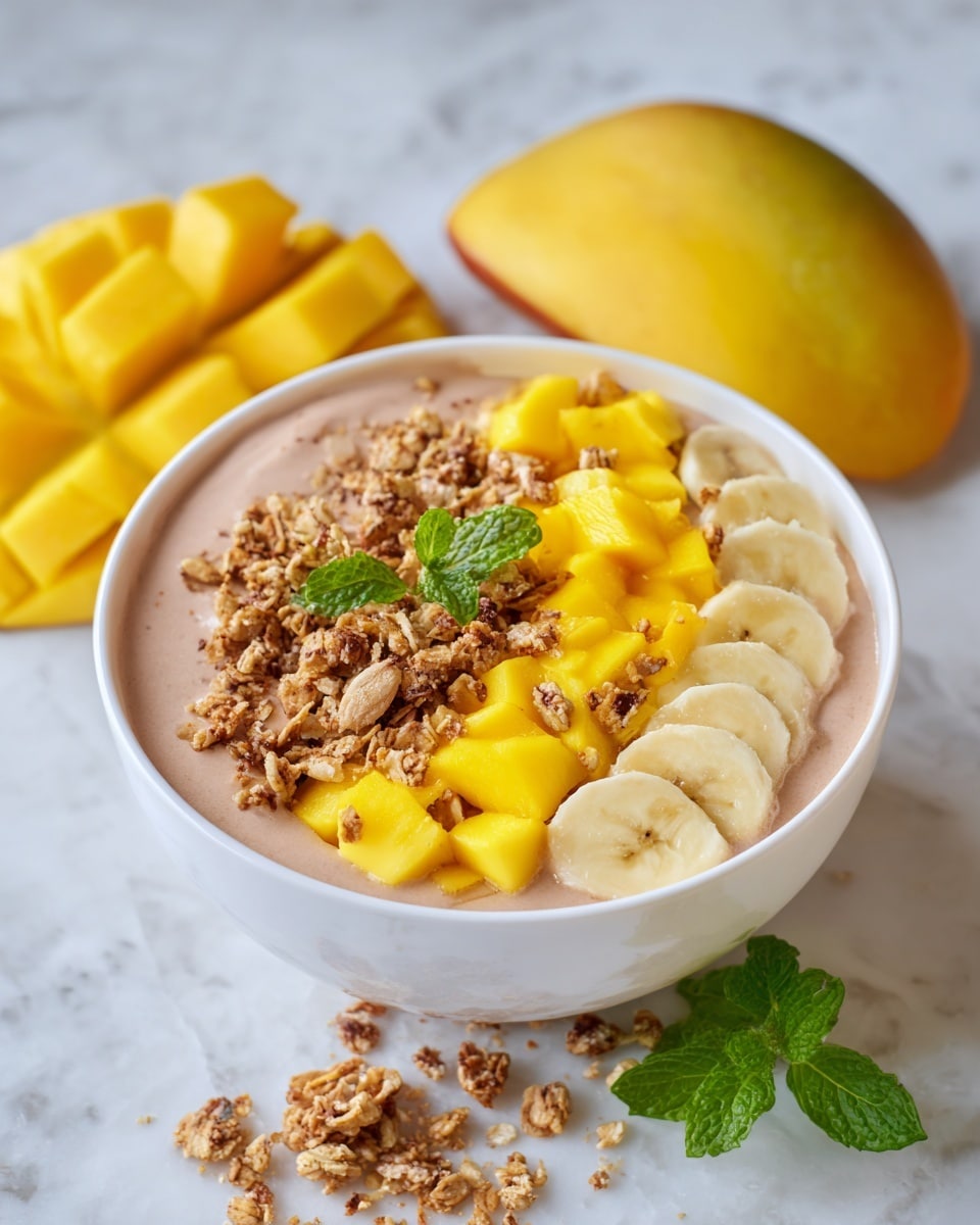 A white bowl holds a bright yellow smoothie base topped with two layers of fruit and granola: large, thick cubes of peeled mango and small round slices of banana sit side by side, with clusters of golden brown granola sprinkled between and over the fruits, garnished with a small green mint leaf near the center; the bowl is set on a white marbled surface with yellow mango slices and a round, mottled yellow fruit placed around it; photo taken with an iphone --ar 4:5 --v 7