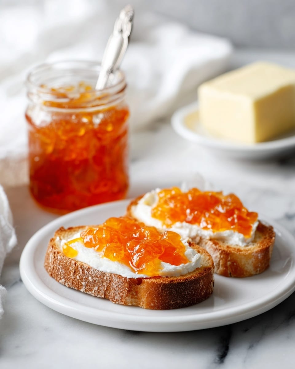 Two slices of toasted brown bread are placed side by side on a white plate. Each slice has a layer of soft white butter and a topping of bright orange marmalade with visible pieces of fruit. To the right of the plate, there is a glass jar filled with chunky orange marmalade with a silver spoon resting inside. Behind the plate, a white dish holds a solid block of yellow butter. All items sit on a white tray with diagonal green, orange, and blue stripes over a white marbled surface. photo taken with an iphone --ar 4:5 --v 7