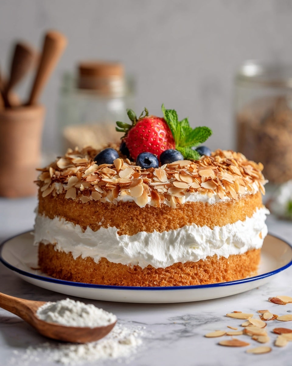 The image shows a two-layer cake on a white plate with a blue rim, placed on a white marbled surface. The bottom layer is a light brown crust with a slightly rough texture. The middle layer is thick, fluffy white cream that looks soft and smooth. The top layer is a caramelized golden brown almond topping, with visible almond slices giving a crunchy texture. On top of the cake, there are small garnishes of red strawberry, black blueberries, and a small green mint leaf for color contrast. In the background, there is a blurry glass jar with a spoon inside. A woman's hand holding a wooden spoon with white powder is visible blurred in the front. photo taken with an iphone --ar 4:5 --v 7