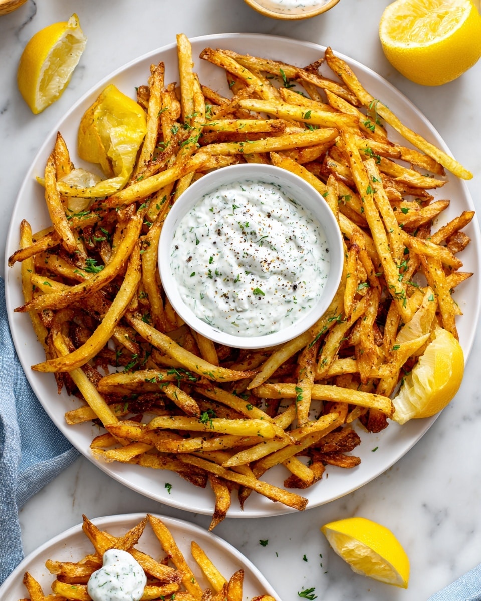A large white plate is filled with a big pile of thin, golden French fries that look crispy. In the middle of the plate, there is a smaller white bowl with green edges holding a thick white sauce sprinkled with fresh green herbs and black pepper. Around the plate, there are several lemon wedges placed on a white marbled surface. Nearby, there is a small green plate with a few fries dipped in the sauce. The scene is bright and fresh, showing a simple and tasty snack. Photo taken with an iphone --ar 4:5 --v 7
