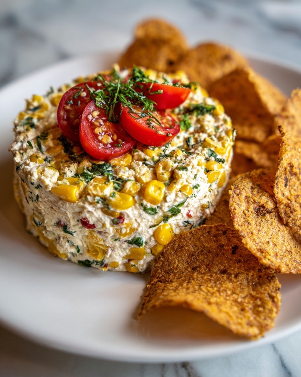A round, creamy dip shaped like a small cake sits in the center of a white plate, with visible pieces of yellow corn, red bell pepper, and green herbs mixed evenly throughout the dip. On top, two thin slices of red tomato are placed as decoration. Surrounding the dip on the left side are golden brown, crispy chips, some flat and slightly curved, arranged in a loose fan shape. Behind the dip, a few light yellow chips are scattered, adding texture contrast. The plate is set on a white marbled surface, with soft natural light highlighting the colors and textures of the food. Photo taken with an iphone --ar 4:5 --v 7