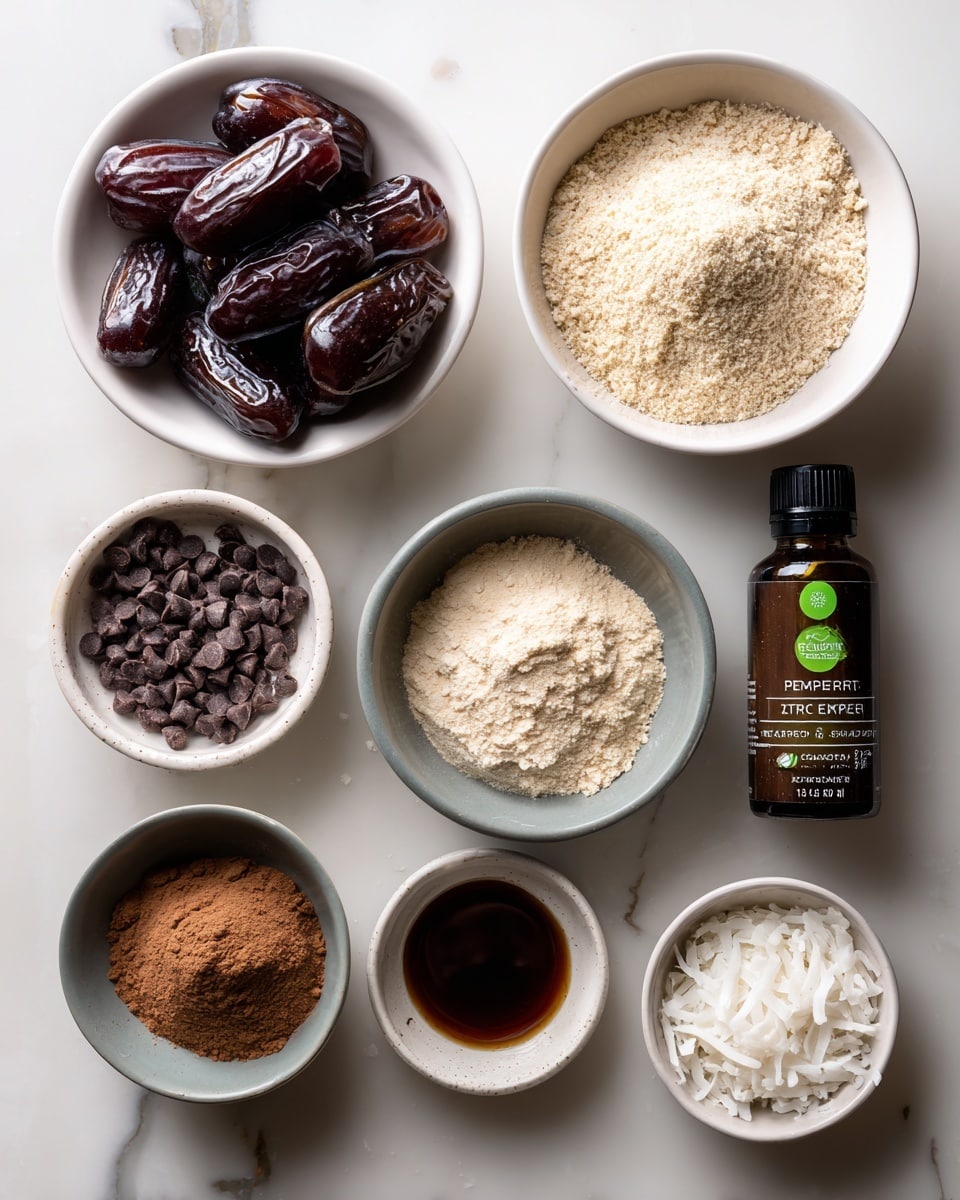 The image shows eight white bowls and one dark brown bottle arranged on a white marbled surface. At the top left, a white bowl holds seven large, glossy dark brown dates. To the right of it, a larger white bowl is filled with light beige almond flour with a grainy texture. Below the dates, a small white bowl contains many small, dark chocolate chips. Next to it, slightly to the right and below, a white bowl holds light brown cocoa powder with a slightly rough surface. To the right of the cocoa, a small empty gray bowl rests. Below the chocolate chips, a white bowl has some dark amber liquid vanilla extract. A dark brown bottle labeled
