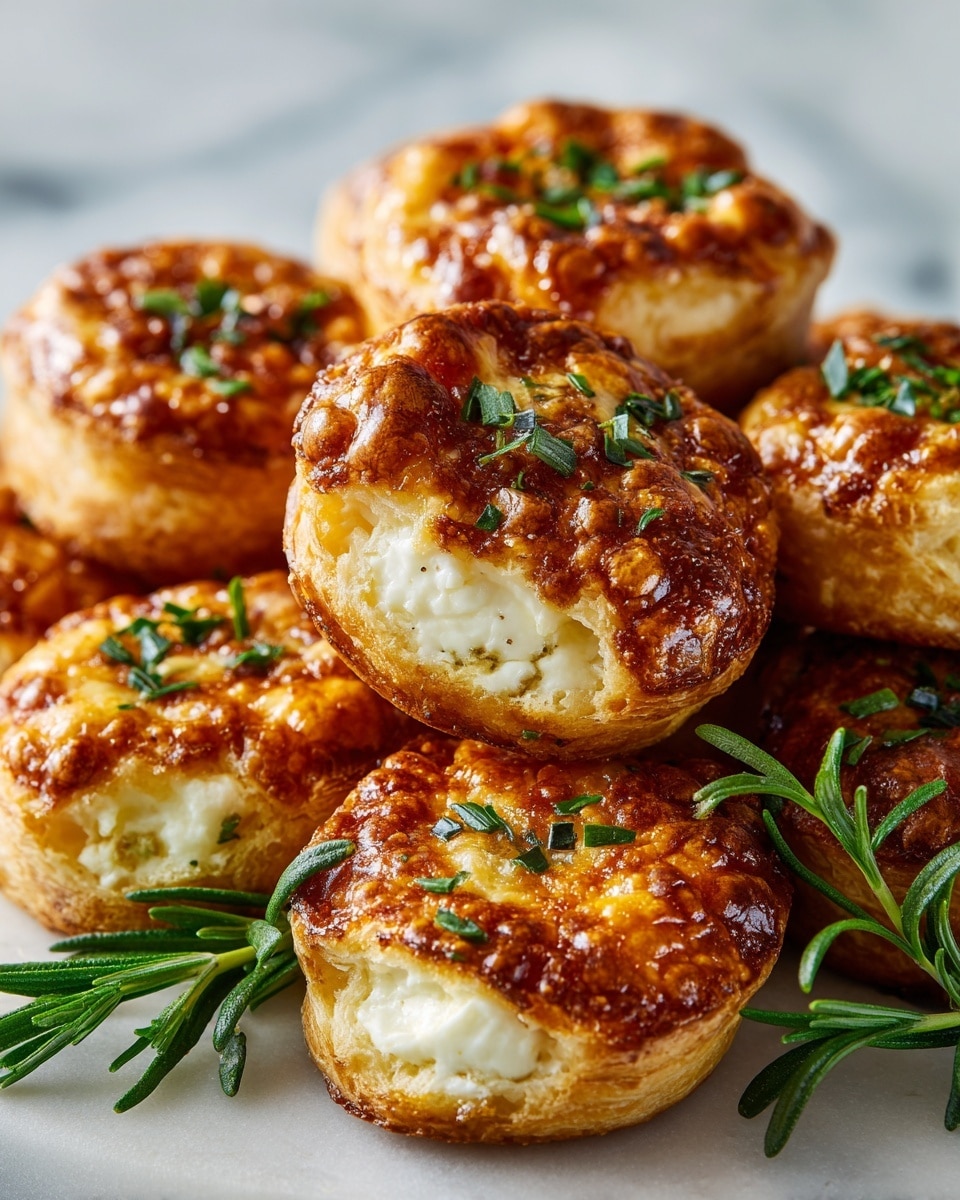 The image shows a close-up stack of round baked cheese rolls arranged on a light surface with a white marbled texture, each roll featuring a golden brown, crispy outer crust with small browned spots and scattered green herb flakes on top. The cheese within is melted and creamy white, visible through the center openings of the rolls. A few sprigs of fresh green herbs lay beneath the rolls, adding a touch of color and freshness to the scene. photo taken with an iphone --ar 4:5 --v 7