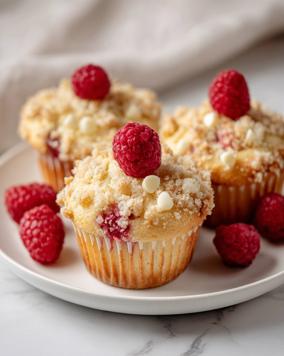 The image shows three muffins on a white plate placed on a white marbled surface. Each muffin has a golden-brown base with a light, crumbly texture. The top of the muffins is covered with small white chunks that add a rough texture, along with small scattered red berry pieces. A single bright red raspberry sits on top of each muffin as a garnish, giving a pop of color. The muffins are closely packed, with one muffin in the foreground clearly detailed and the other two blurred in the background. The photo taken with an iphone --ar 4:5 --v 7