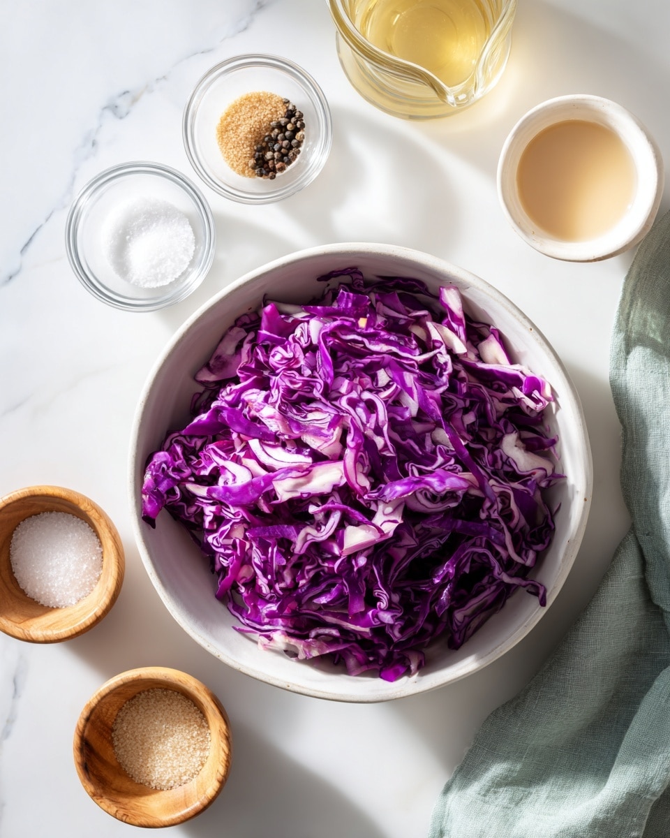 The image shows a white bowl in the center filled with bright purple shredded cabbage with some white cabbage pieces mixed in. Around the bowl, there are six small clear glass or wooden bowls placed neatly on a white marbled surface. These bowls contain brown sugar, white granulated sugar, salt, black peppercorns, a pale liquid that looks like vinegar, and a beige creamy substance, possibly mayonnaise or dressing. A soft green cloth is placed to the right side, adding a gentle contrast to the clean setup. The lighting is bright and natural, giving the scene a fresh and clean look. Photo taken with an iphone --ar 4:5 --v 7