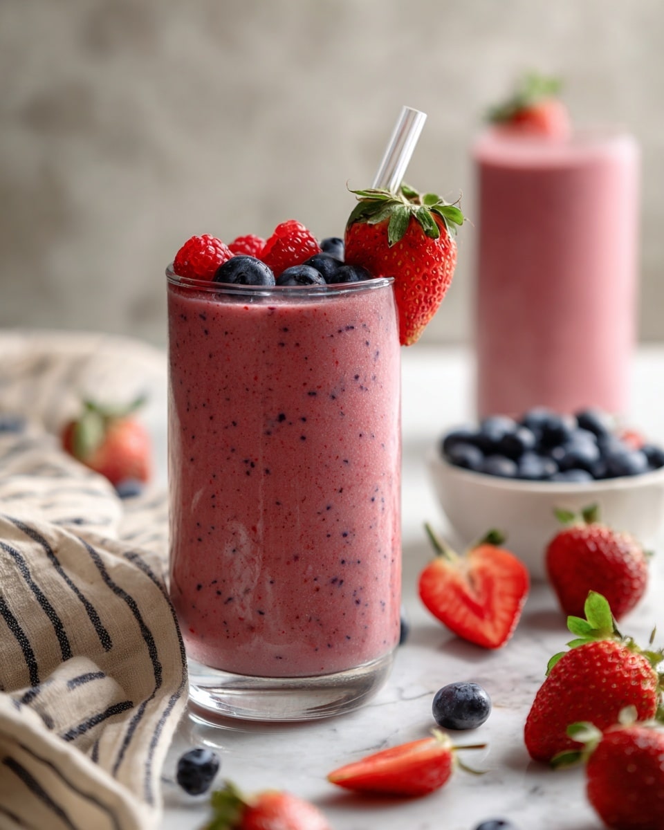 A tall clear glass is filled with a thick pink berry smoothie showing tiny berry specks inside; the top layer of smoothie is smooth and rounded with fresh mixed berries placed on it including two red raspberries, three dark blue blueberries, and a strawberry sliced in half with green leaves still on. A clear straw is inserted into the smoothie on the right side. Around the glass, there are whole strawberries and blueberries scattered on crinkled white paper over a white marbled surface. In the background, another glass with the same smoothie and berries sits next to a white bowl filled with more blueberries, with a cloth featuring beige and black stripes adding softness to the scene. photo taken with an iphone --ar 4:5 --v 7