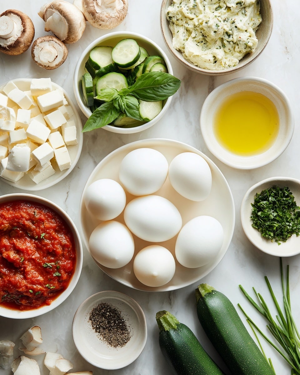 A white bowl filled with seven whole white eggs sits in the center on a white marbled surface. Surrounding it are bowls and plates with various ingredients: two bowls with fresh green basil leaves, one bowl with sliced green cucumbers, one bowl with red tomato sauce with a chunky texture, another bowl with a yellowish liquid mixed with herbs, and a small bowl with chopped green herbs. There is a small white bowl with black pepper, a plate stacked with white soft cheese pieces, and whole mushrooms and white cheese chunks placed near the top left. Three whole zucchinis lie on the bottom right, and some fresh green chive stalks are scattered nearby. All items are arranged neatly and brightly lit in natural light. Photo taken with an iphone --ar 4:5 --v 7