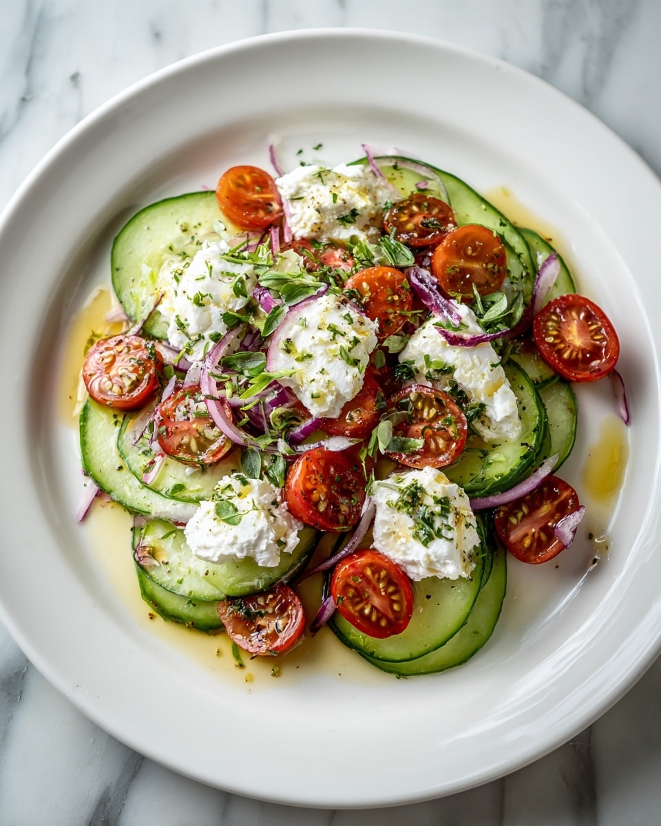 A white plate holds a salad with three main layers. The bottom layer is thin slices of green cucumber arranged flat and slightly overlapped. On top of the cucumbers, there are bright red halved cherry tomatoes spread evenly. The upper layer has soft white dollops of cheese placed in small mounds around the salad. Thin slices of purple onion add extra texture and color scattered lightly. The salad is sprinkled with green herbs and a light drizzle of oil that glistens gently. The plate is set on a white marbled surface. photo taken with an iphone --ar 4:5 --v 7