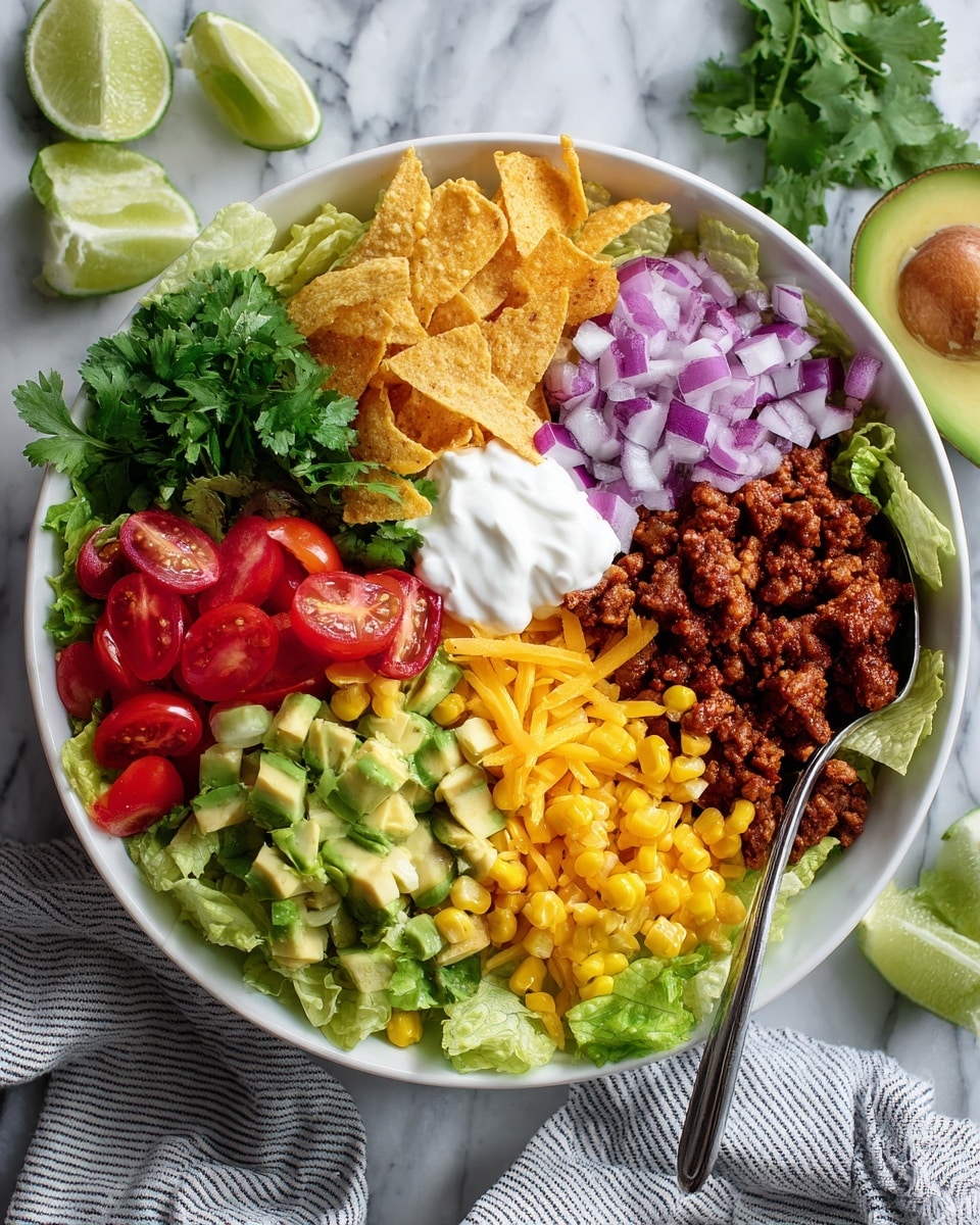 A white bowl is filled with a colorful layered taco salad resting on a white marbled surface. The bottom layer is green lettuce that holds the other layers on top. Clockwise from the top left, there is a pile of shredded orange and white cheese, next to light brown tortilla chips stacked clearly on the right side. Below the chips is a small scoop of white sour cream sitting beside fresh green cilantro leaves. Below that is a bright yellow corn layer that meets diced light green avocado pieces. To the left of the avocado is a small pile of finely chopped purple onions, which sits next to sliced red cherry tomatoes. The center of the bowl holds a dense mound of dark brown cooked seasoned ground meat. photo taken with an iphone --ar 4:5 --v 7