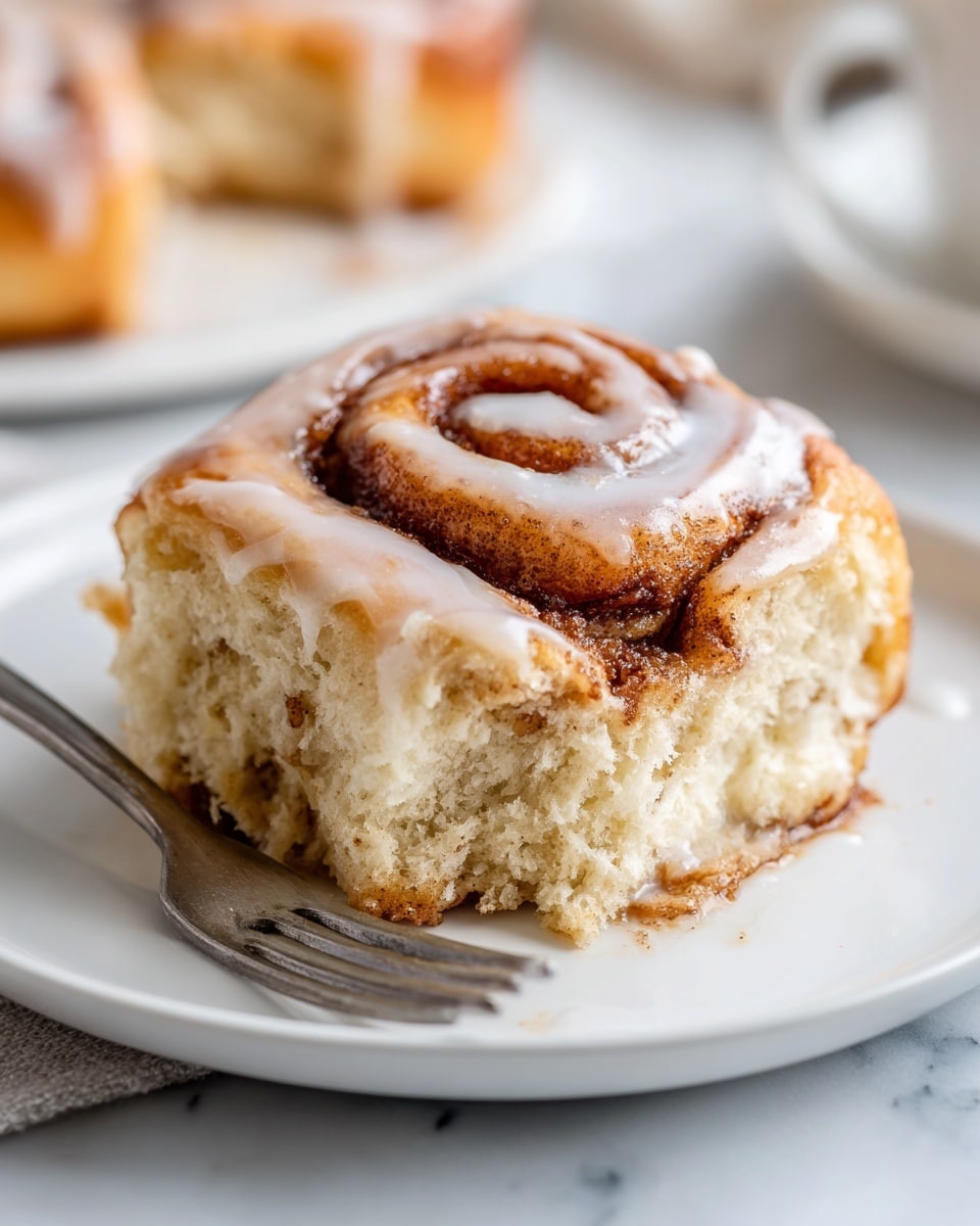 A close-up of a single cinnamon roll slice with a light golden crust and soft, fluffy dough inside, showing a visible spiral of cinnamon filling with a slightly crumbly texture. The top is lightly drizzled with white icing, which glistens a little. The slice sits on a plain white plate, placed on a white marbled surface. A silver fork touches the front of the cinnamon roll, ready to take a bite, and the background shows a blurred whole cinnamon roll. Photo taken with an iphone --ar 4:5 --v 7