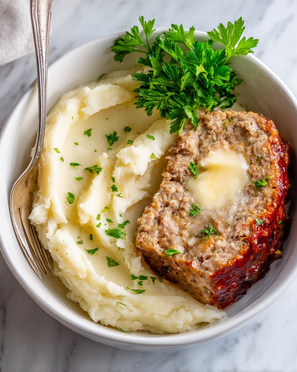 The image shows a white bowl with creamy mashed potatoes on the left side, smooth in texture and pale yellow in color. On the right side, there is a thick slice of meatloaf with a brown crumbly crust and a light, soft middle, with a cheesy filling visible inside. A small bunch of green parsley is placed on top at the back, adding a fresh color contrast. A silver fork rests inside the bowl on the left, partially submerged in the mashed potatoes. The bowl sits on a white marbled surface. Photo taken with an iphone --ar 4:5 --v 7