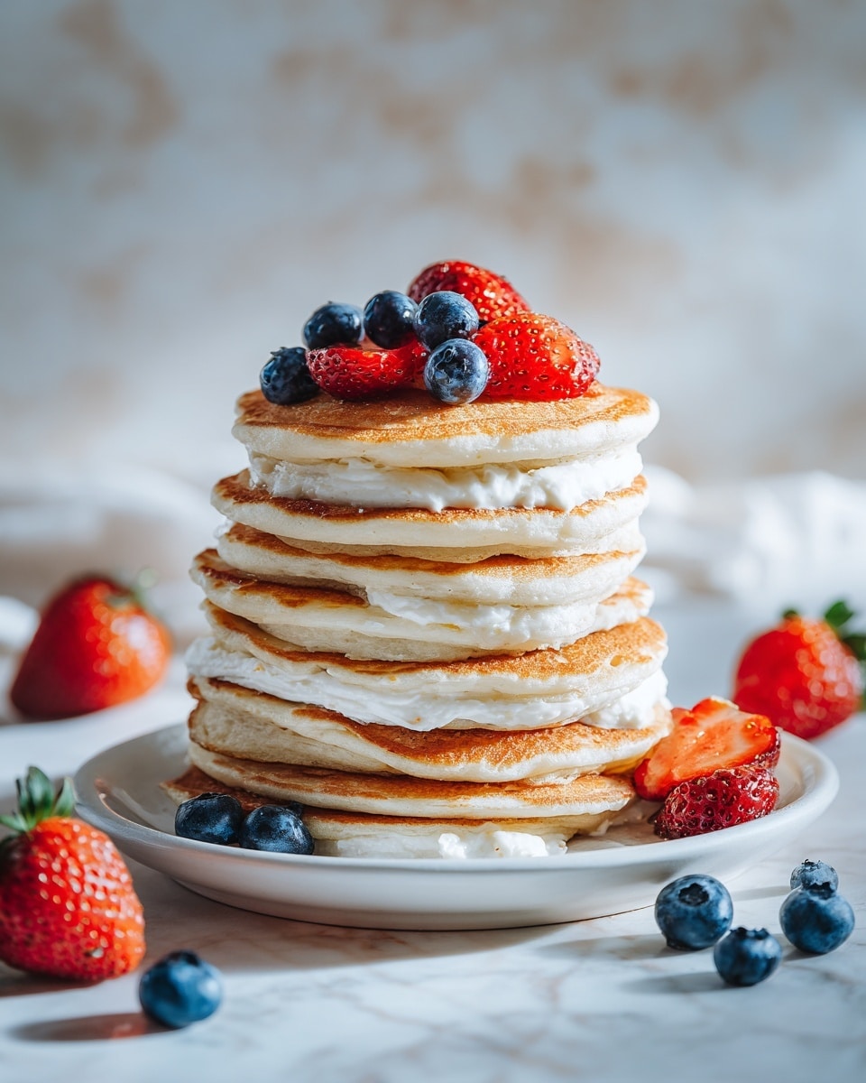 A tall stack of fluffy golden pancakes sits on a white plate with a few blueberries scattered around its base and a sliced strawberry resting on the plate beside it. Each pancake layer is thick, with a light brown color and slightly crispy edges. On top of the stack are fresh strawberries and blueberries, adding bright red and deep blue colors to the scene. The background is a white marbled surface with soft natural light, making the pancakes look warm and inviting. Photo taken with an iphone --ar 4:5 --v 7