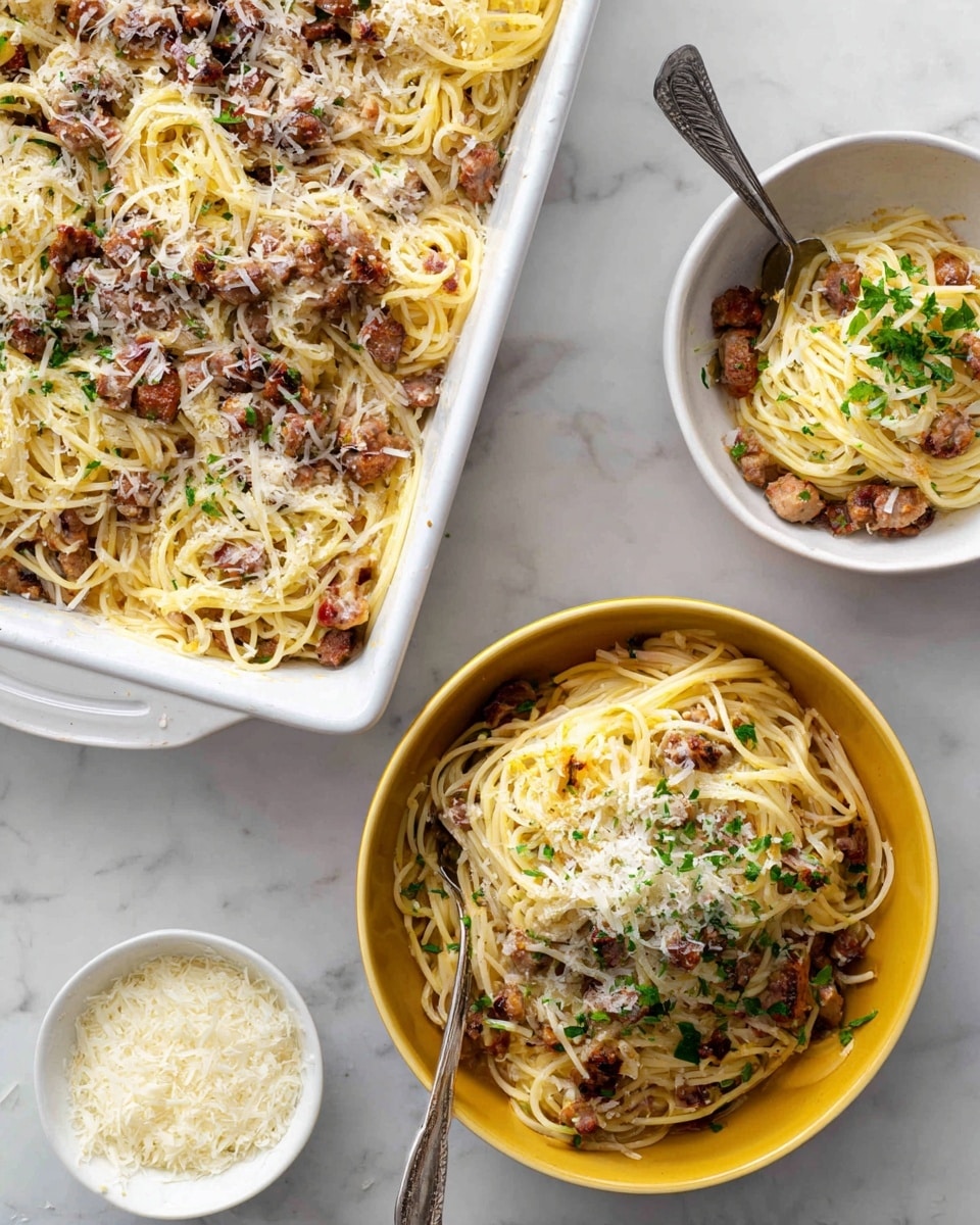 The image shows a white baking dish with creamy pasta topped with herbs and small pieces of meat, with a black spoon resting inside. In front of it is a white bowl filled with the same pasta, garnished with fresh green herbs. To the right, there is another white bowl with pasta and a small green bowl of grated cheese on a white marbled surface. A woman's hand is holding the black spoon. photo taken with an iphone --ar 4:5 --v 7