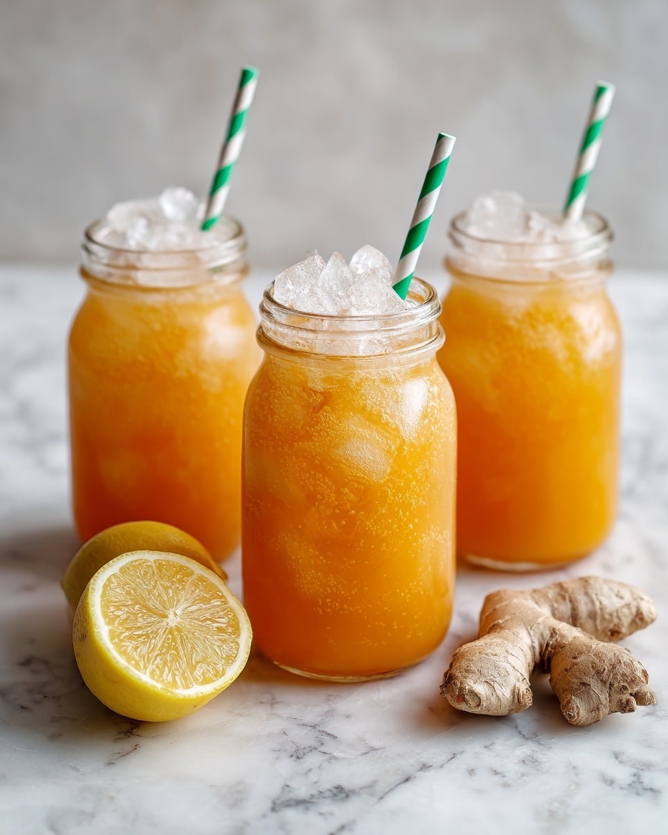 The image shows three clear glass jars filled with a light orange drink and ice cubes inside. Each jar has a blue and white striped straw poking out from the top. In front of the jars, on a white marbled surface, there are two whole peaches, a piece of ginger, and a lemon cut in half, showing its bright yellow inside. The jars are arranged in a row with the middle one closest to the camera. The scene looks bright and fresh. photo taken with an iphone --ar 4:5 --v 7