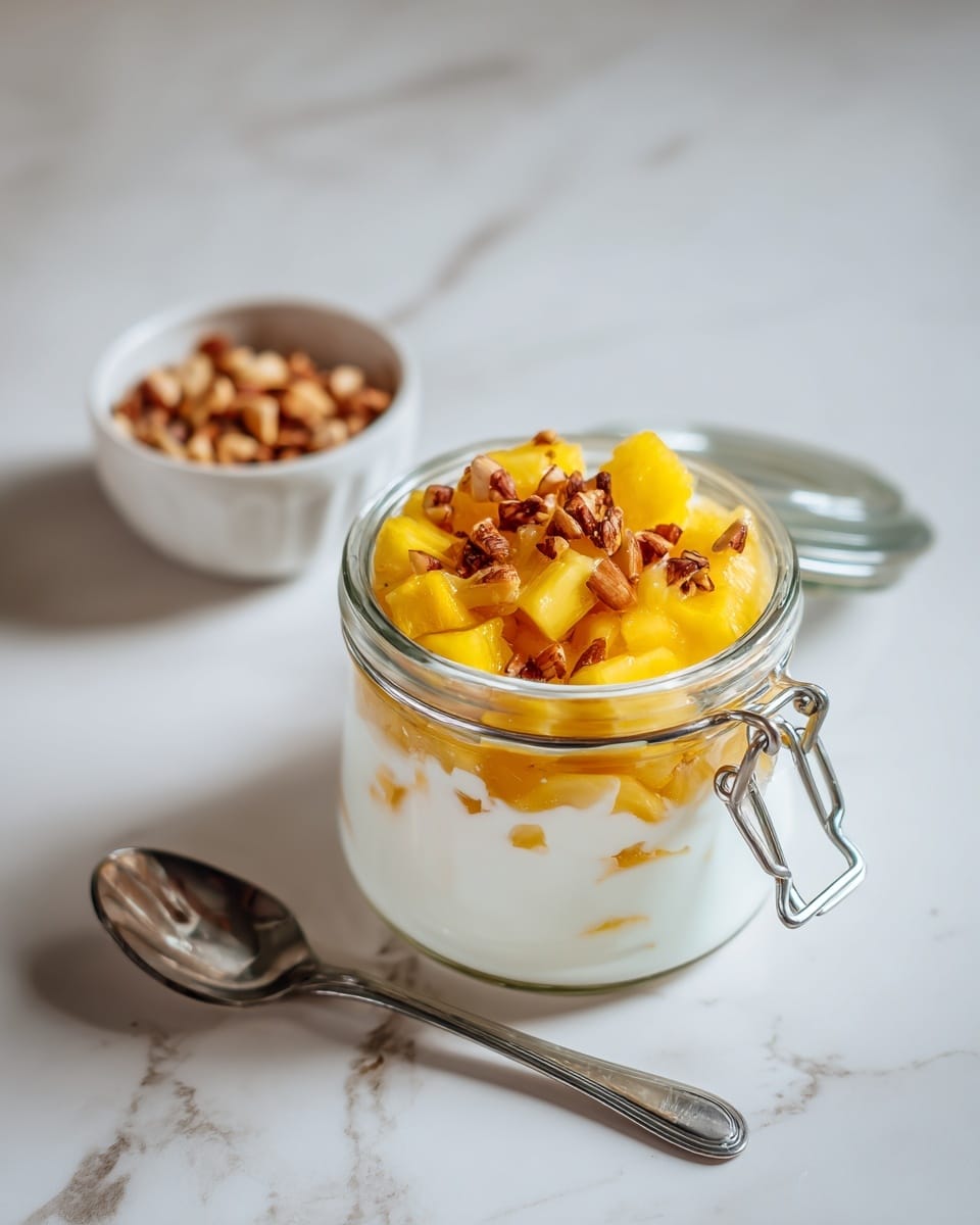 The image shows a glass jar with a metal clasp on a white marbled surface. Inside the jar, there are three layers: the bottom layer is white and creamy, the middle layer has bright yellow small fruit cubes, and the top layer is sprinkled with chopped brown nuts. To the right of the jar is a silver spoon resting on the white marble, and to the left, part of a white bowl filled with extra chopped nuts is visible. The background surface is a soft pink color with light texture. photo taken with an iphone --ar 4:5 --v 7