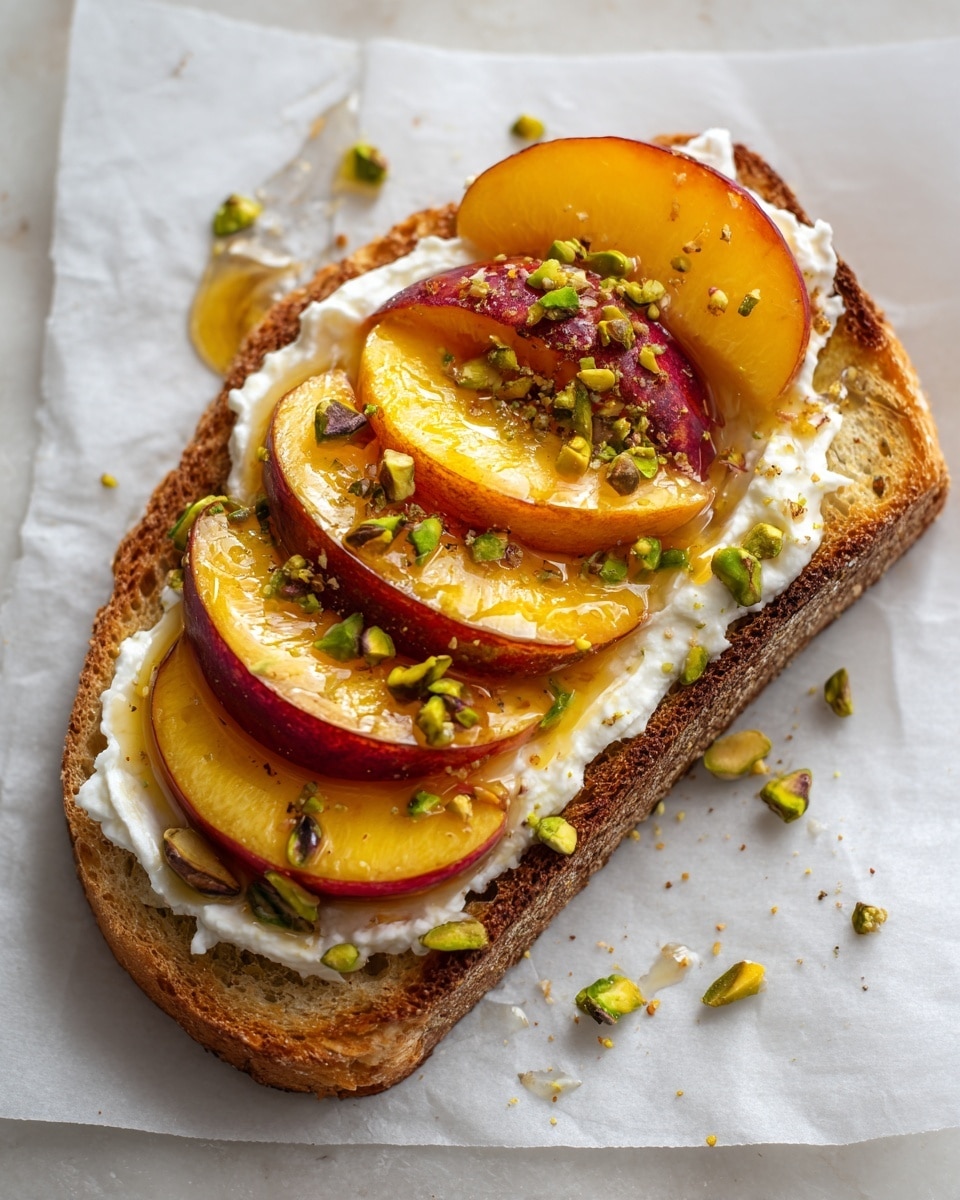 A single slice of toasted whole grain bread sits on white parchment over a white marbled surface. The toast is topped with a thick spread of white, creamy ricotta cheese, covering most of the surface except the edges. On top of the ricotta, there are four slices of peach arranged slightly overlapping in a row, each slice showing a golden yellow flesh with a reddish border near the skin. Small pieces of crushed green pistachios are scattered over the peach slices. A drizzle of golden honey adds a shiny highlight over the fruit and nuts. photo taken with an iphone --ar 4:5 --v 7