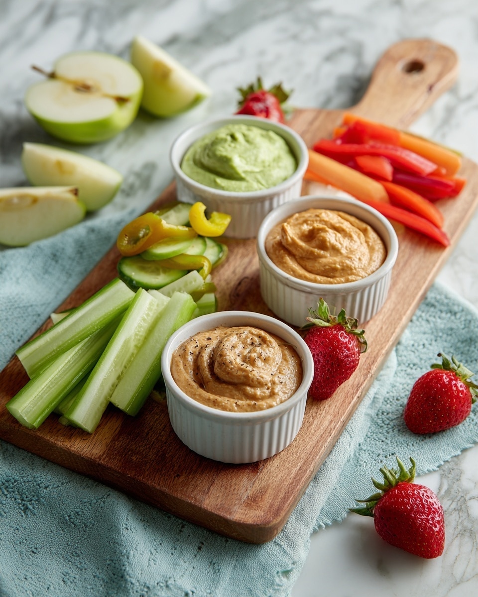 Four white bowls with dips are placed on a light wooden board on a white marbled surface. The top left bowl holds a light orange dip with a few cucumber slices beside it. The top right bowl has a textured green dip with a red pepper slice on the side. The bottom right bowl contains a white dip with small pieces of brown nuts on top, next to green apple slices and celery sticks. The bottom left bowl is filled with a brownish chocolate dip topped with a strawberry, with more strawberries beside the bowl. The dips have creamy and small chunk textures, and the scene has bright, natural light. Photo taken with an iphone --ar 4:5 --v 7