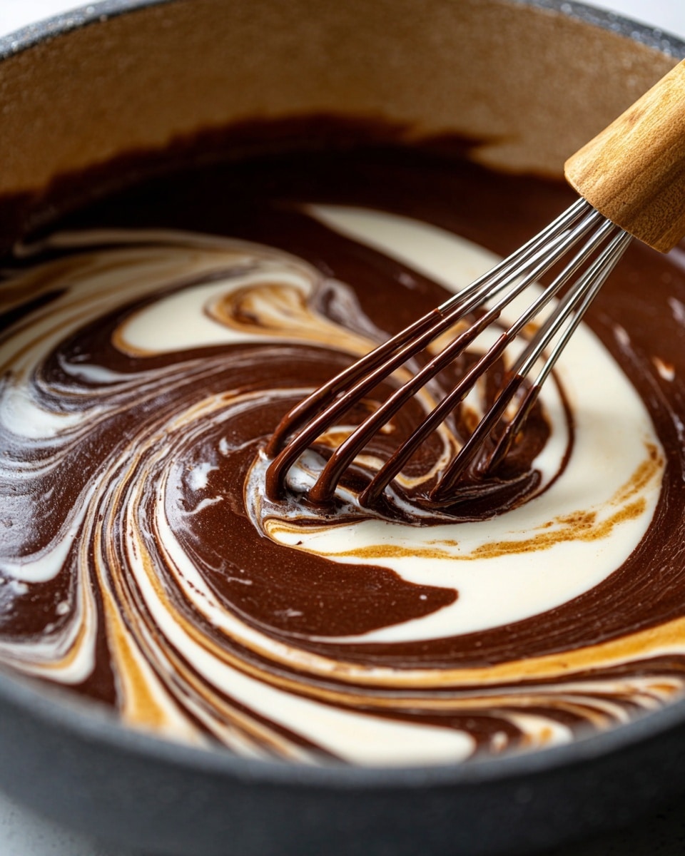 A close-up view of a pot with two main layers of smooth liquid: a thick dark brown chocolate layer mixed with a white creamy layer. A whisk is inside the pot, stirring the two layers to create swirling patterns where the dark brown and white liquids twist together. The mix looks glossy and silky with the white marbled texture faintly visible around the edges of the pot, contrasting with the dark chocolate. The pot is dark gray with a matte finish. photo taken with an iphone --ar 4:5 --v 7