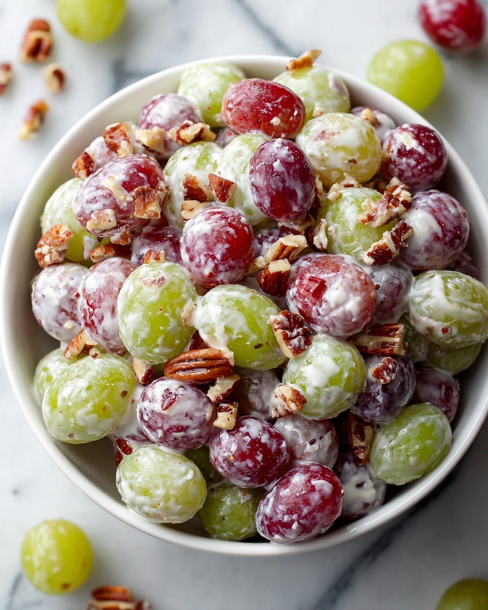 The image shows a white bowl filled with a fresh fruit and nut salad on a white marbled surface. The salad has three main layers: a base of creamy white cottage cheese or yogurt, topped with plenty of green grapes and red grapes that are shiny and smooth, and finally sprinkled with a generous amount of small, crushed brown walnuts on top. The fruits are whole, round, and juicy, spread evenly across the creamy layer, creating a mix of white, green, red, and brown colors. The textures range from soft and creamy to juicy and crunchy. photo taken with an iphone --ar 4:5 --v 7