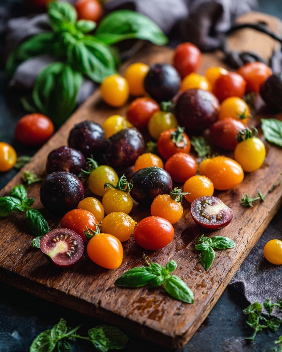 The image shows a rustic wooden board covered with a mix of small round tomatoes in red, orange, yellow, and dark purple colors, some whole and some sliced in half revealing their juicy insides. Scattered around the tomatoes are fresh green basil leaves in small bunches, adding a vibrant green contrast to the warm colors of the tomatoes. The scene looks fresh and natural with a soft light highlighting the texture of the tomatoes and leaves photo taken with an iphone --ar 4:5 --v 7