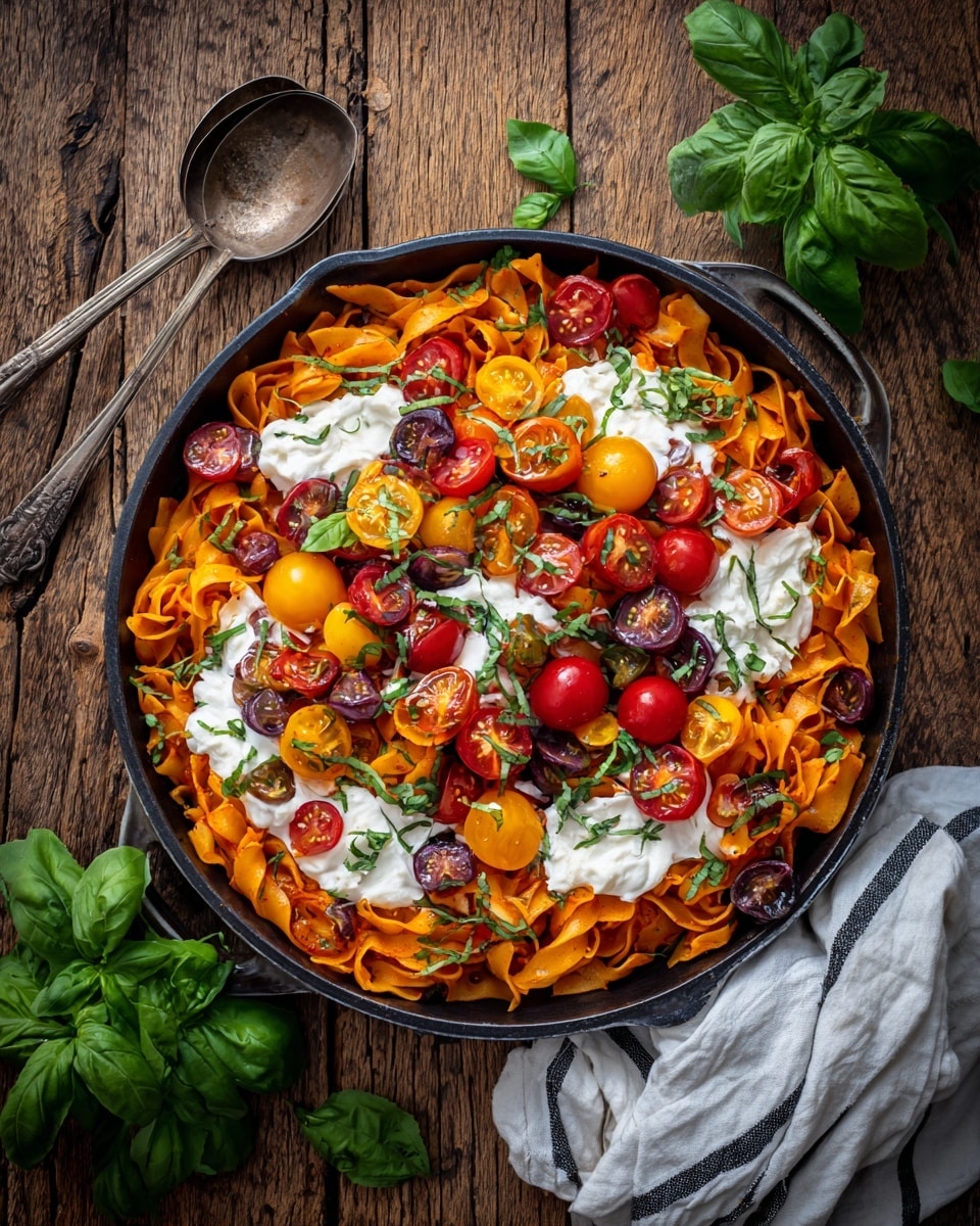 A round pan filled with cooked pasta noodles as the first layer, showing a rich orange-red sauce clinging to the noodles. The second layer is melted white cheese spread unevenly over the noodles. On top, there is a colorful mix of halved cherry tomatoes in red, orange, and yellow, scattered all around. Small fresh green basil leaves are spread evenly on the tomatoes, adding a bright contrast. The pan rests on a white marbled surface with a silver spoon to the left that has a sprig of basil on it, and a striped cloth partially wrapped around the pan handle on the right. Photo taken with an iphone --ar 4:5 --v 7