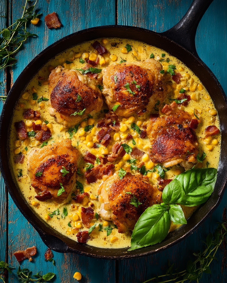 A black cast iron pan filled with four light golden-brown chicken pieces placed on a creamy mixture of bright yellow corn kernels and small corn cob sections, scattered with pieces of crispy dark brown bacon. Fresh green herbs are sprinkled over the top, adding a touch of color, with a large green basil leaf near a metal spoon on the right side. The pan sits on a rustic blue wooden surface with some herbs scattered around. photo taken with an iphone --ar 4:5 --v 7