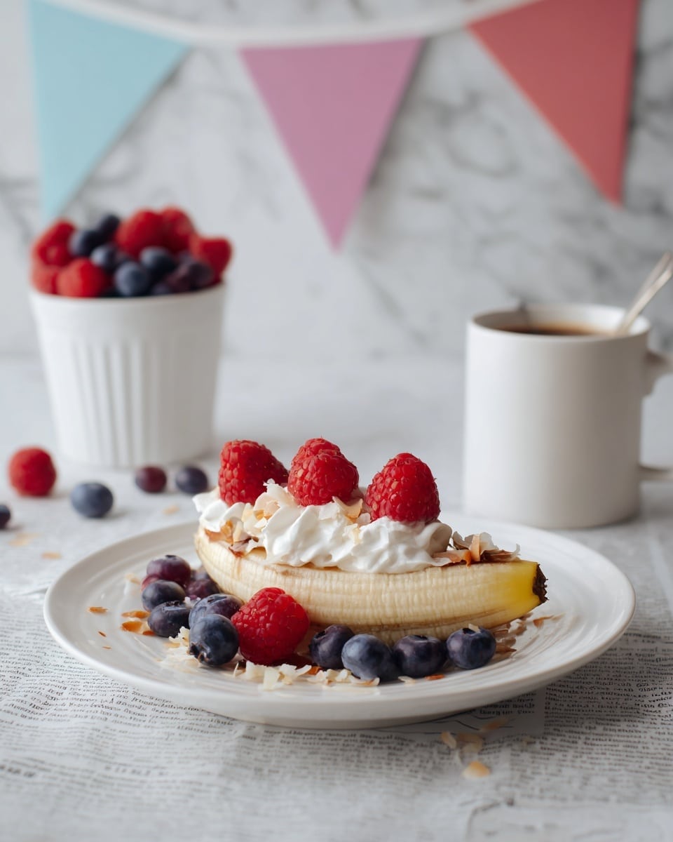 A white plate holds a split banana with the peel slightly browned, forming the base layer. Inside the banana, there are fresh blueberries filling the space. On top of the blueberries, there are two thick dollops of white whipped cream, each topped with a red raspberry. Thinly sliced light brown almonds and small white coconut flakes are scattered over the whipped cream and plate around the banana. The plate sits on a white marbled surface covered partially with black and white newspaper. Next to the plate, there is a metallic ice cream scoop. Photo taken with an iphone --ar 4:5 --v 7