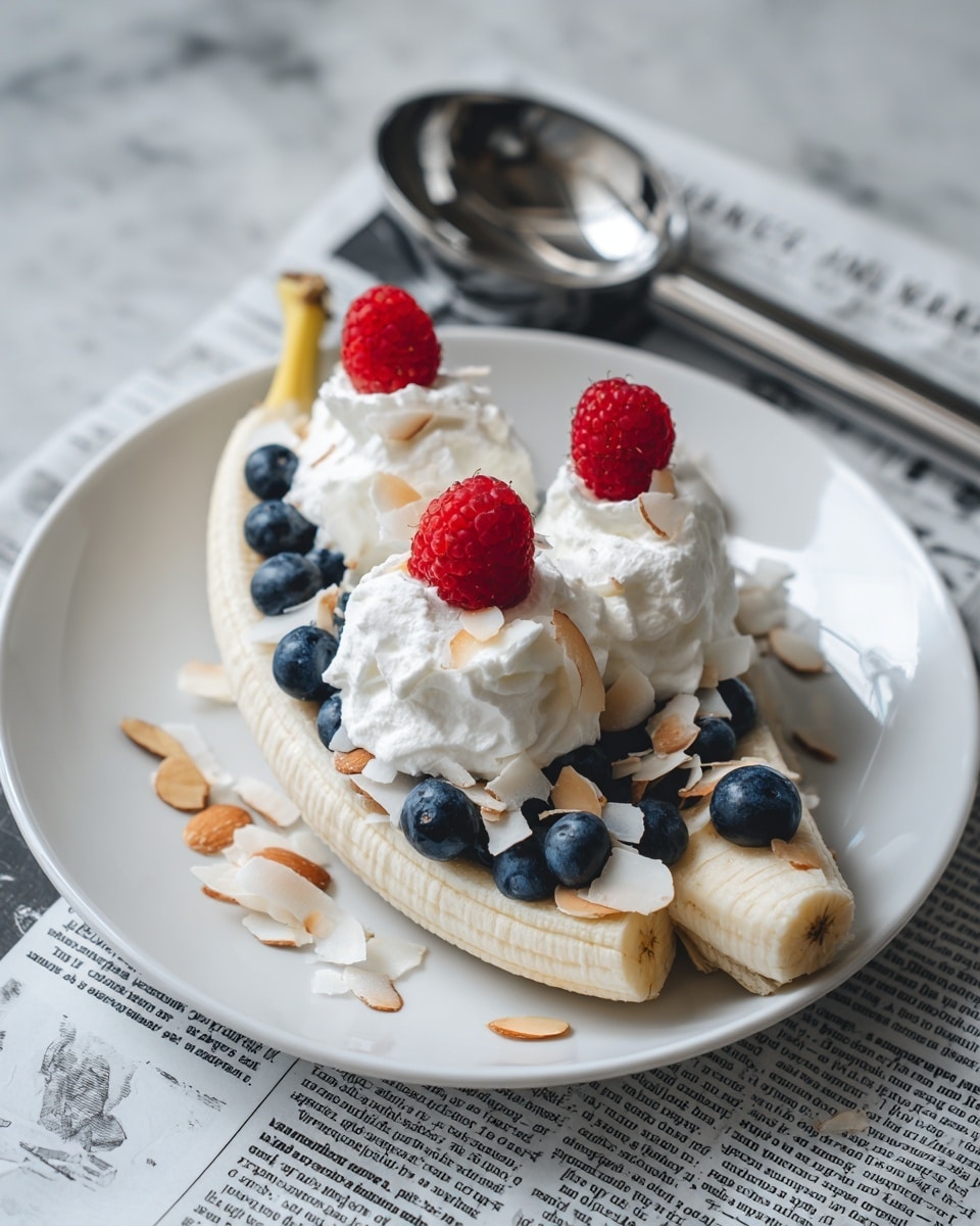 A white plate holds a caramel-colored banana laid flat as the base layer, with small dark blueberries scattered on top. Three dollops of white whipped cream are evenly placed along the banana, each topped with a bright red raspberry. Around the plate, thin light brown almond slices and white coconut flakes are scattered. The plate sits on a newspaper sheet atop a white marbled surface. In the background, a white cup with red and blue berries and a white container with a spoon are blurred. Above, soft pastel blue and peach triangle bunting hangs against a white marbled wall. photo taken with an iphone --ar 4:5 --v 7