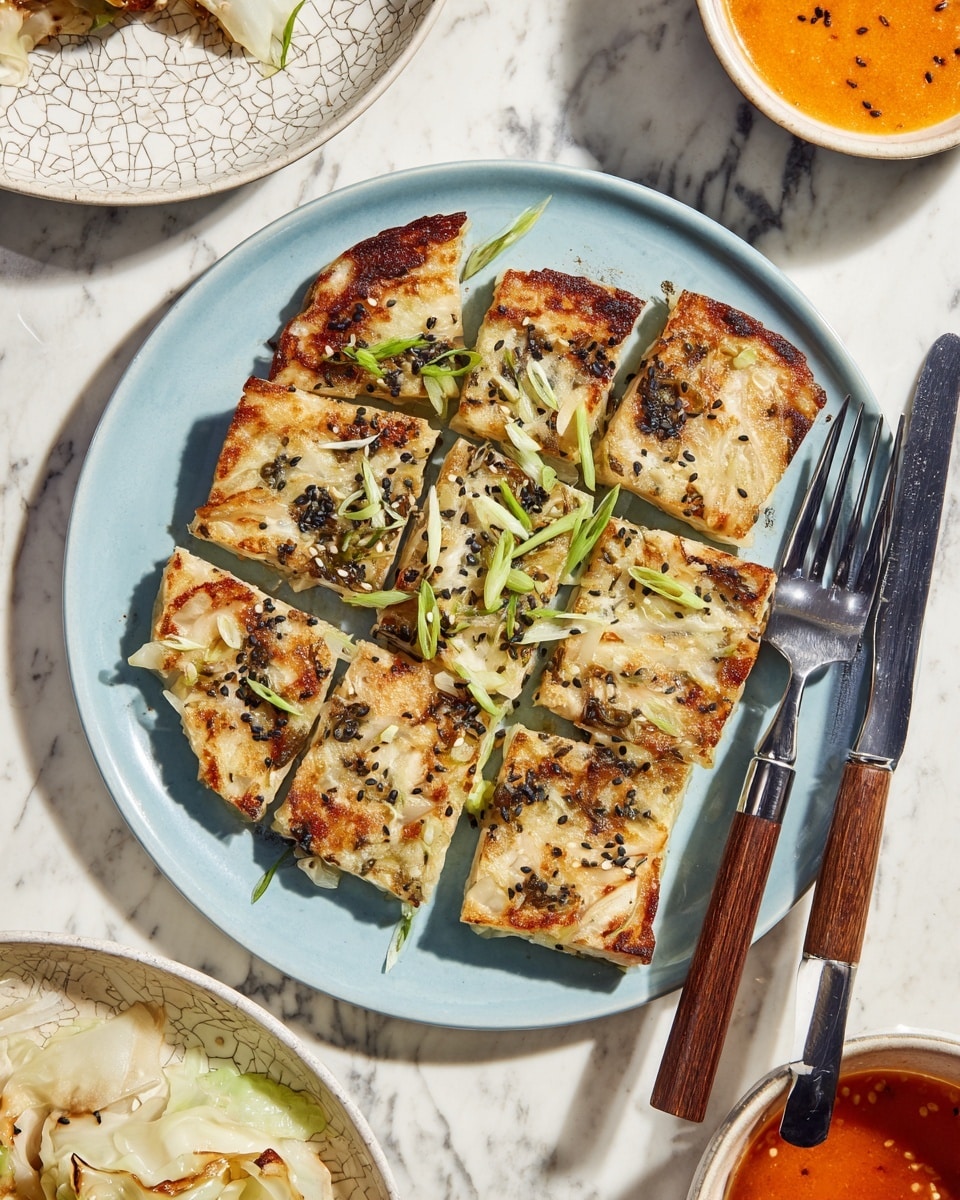 A light blue round plate holds a dish cut into nine square pieces, each piece golden brown with a slightly crispy texture. The squares have visible bits of white and caramelized onion mixed in, with small black sesame seeds sprinkled over the top. Thin slices of green onion are scattered on the dish, adding a fresh green accent. A stainless steel fork and a sharp knife with a wooden handle lay side by side on the right edge of the plate. Surrounding the plate are a few bowls, including a white bowl with a crackled pattern holding a creamy orange sauce topped with black sesame seeds, and another bowl with a light reddish liquid and pale cabbage leaves. The whole scene is set on a white marbled surface. Photo taken with an iphone --ar 4:5 --v 7
