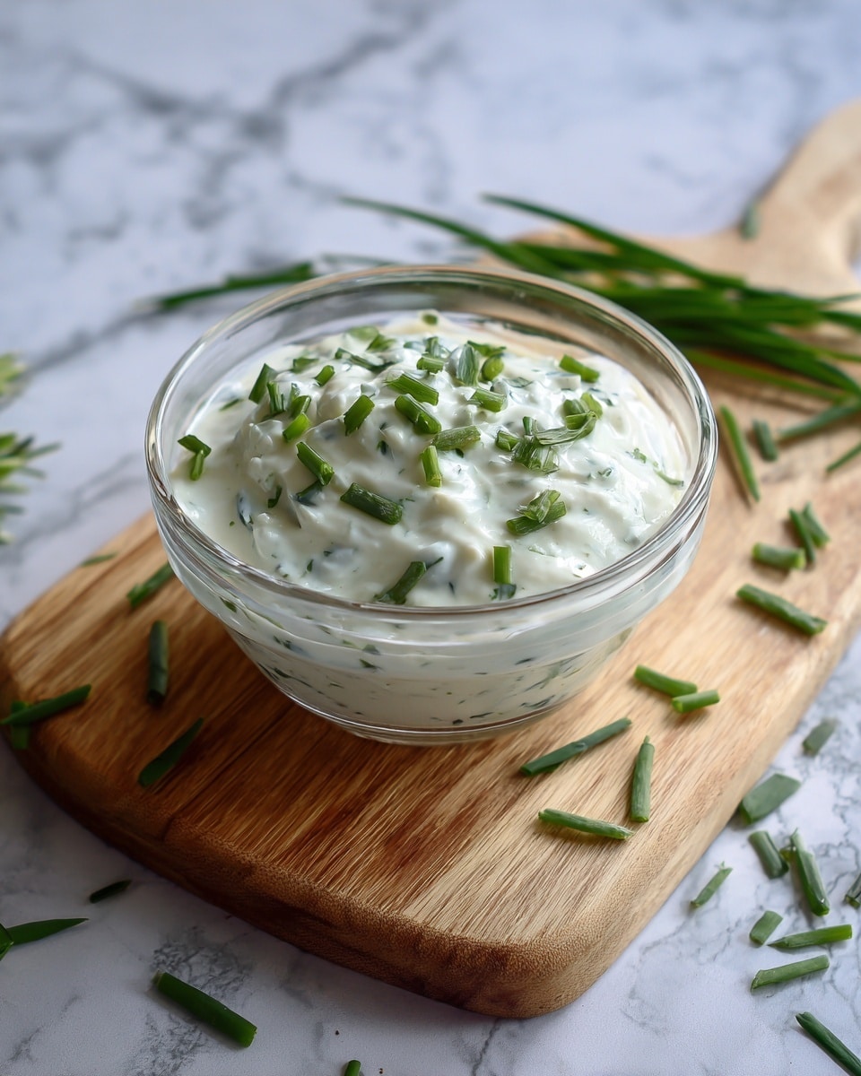 A small clear glass jar filled with thick white sauce mixed with small green herb pieces throughout. The top layer is smooth with finely chopped fresh green herbs sprinkled on it. The jar is placed on a light wooden board with a subtle natural grain pattern and a few scattered herb pieces around it. The background shows a white marbled surface that is softly blurred. Photo taken with an iphone --ar 4:5 --v 7