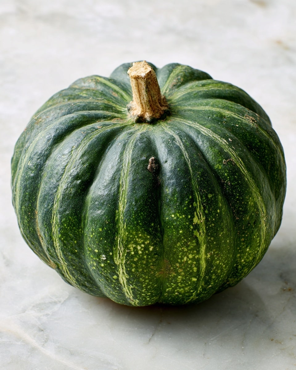 A whole round green pumpkin sits centered on a white marbled surface, its thick skin showing ridges and a rough texture with vertical pale stripes. The pumpkin has a short, slightly rough beige stem on top with some dry, dark spots near it. The lighting highlights the natural unevenness and dark green color of the pumpkin’s skin, showing a matte finish with slight shine near the stripes photo taken with an iphone --ar 4:5 --v 7