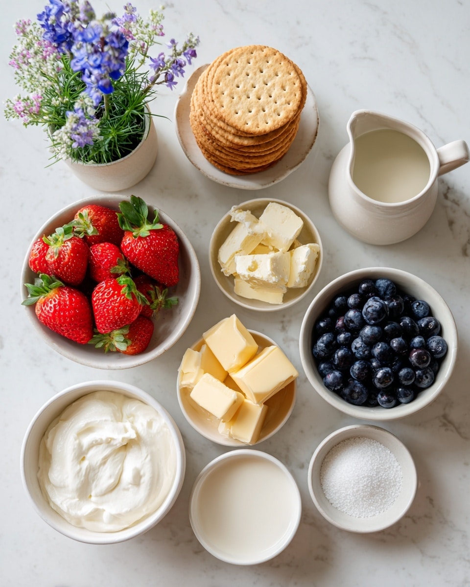 The image shows a white marbled surface with several small white bowls arranged in a loose circle. One bowl contains round, brown crackers stacked on one side. Next to it is a bowl of bright red strawberries with green leaves, and another bowl with dark blue blueberries. There is a bowl of light yellow butter cut into small squares, a bowl of smooth off-white cream, and another bowl filled with white powdered sugar. Additionally, there's a small white pitcher with light cream or milk, and a bowl with a small amount of granulated white sugar. A white pot with a tiny green plant and blue flowers is visible in the top left corner. photo taken with an iphone --ar 4:5 --v 7
