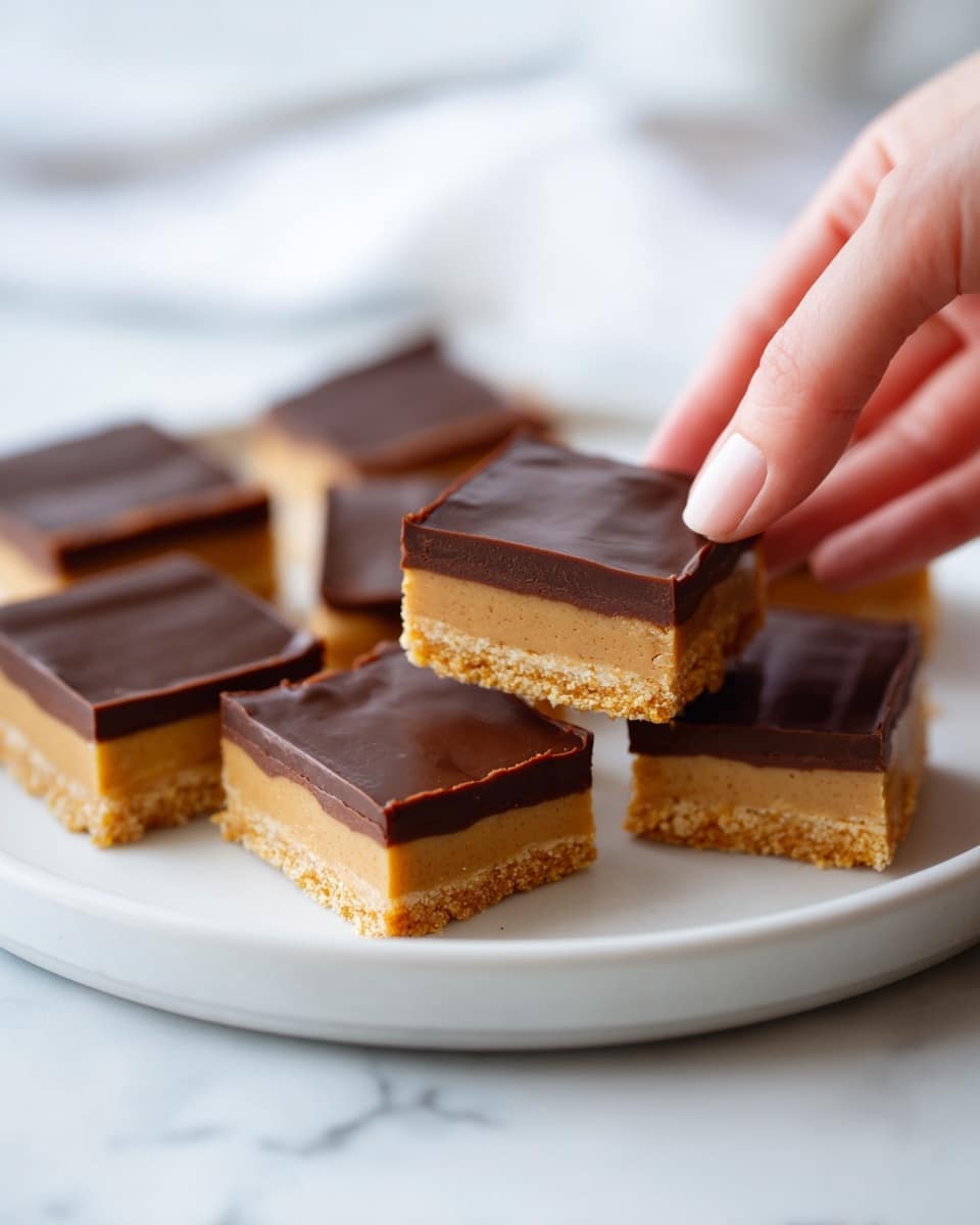 The image shows a white plate filled with square dessert bars arranged neatly. Each bar has two layers: the bottom layer is thick and light golden brown with a smooth, crumbly texture, while the top layer is thinner, smooth, and rich dark brown, resembling chocolate. The bars are cut evenly with clean edges, and one piece is placed on a white cloth next to the plate. The background surface is white with a subtle marble texture. Photo taken with an iphone --ar 4:5 --v 7