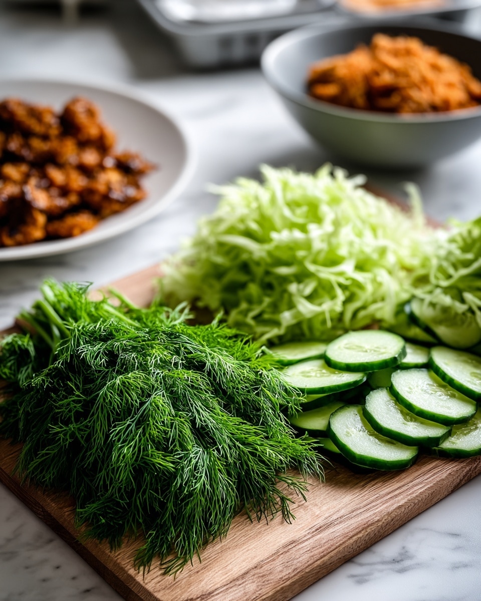 The image shows a wooden board on a white marbled surface with fresh green dill in the front, featuring fine, feathery leaves and thick stems. Behind the dill, there are thinly sliced cucumbers arranged in a neat pile with bright green and light green circular slices. Next to the cucumbers is a pile of shredded green lettuce, and to the right edge, part of a dark white bowl filled with a crumbly, orange-brown food is visible. In the background on the left side of the image, there is a white plate with browned pieces of food, some with darker bits, placed on a tray. The lighting creates soft shadows, highlighting the textures and colors of the fresh ingredients. Photo taken with an iphone --ar 4:5 --v 7